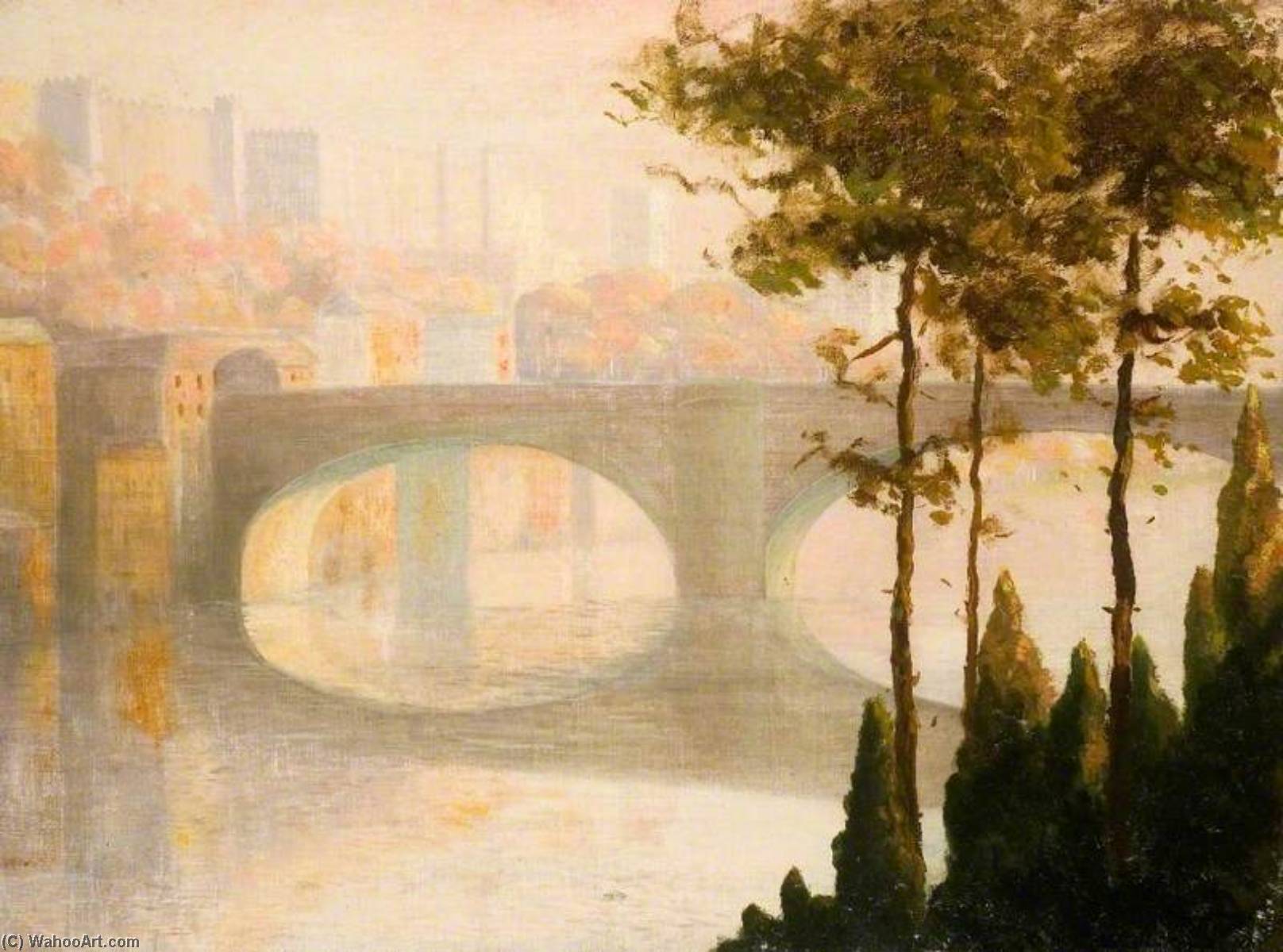 Wikioo.org – L'Encyclopédie des Beaux Arts - Peinture, Oeuvre de Thomas Edwin Mostyn - voir à travers une  rivière  avec  une  arqué  pont