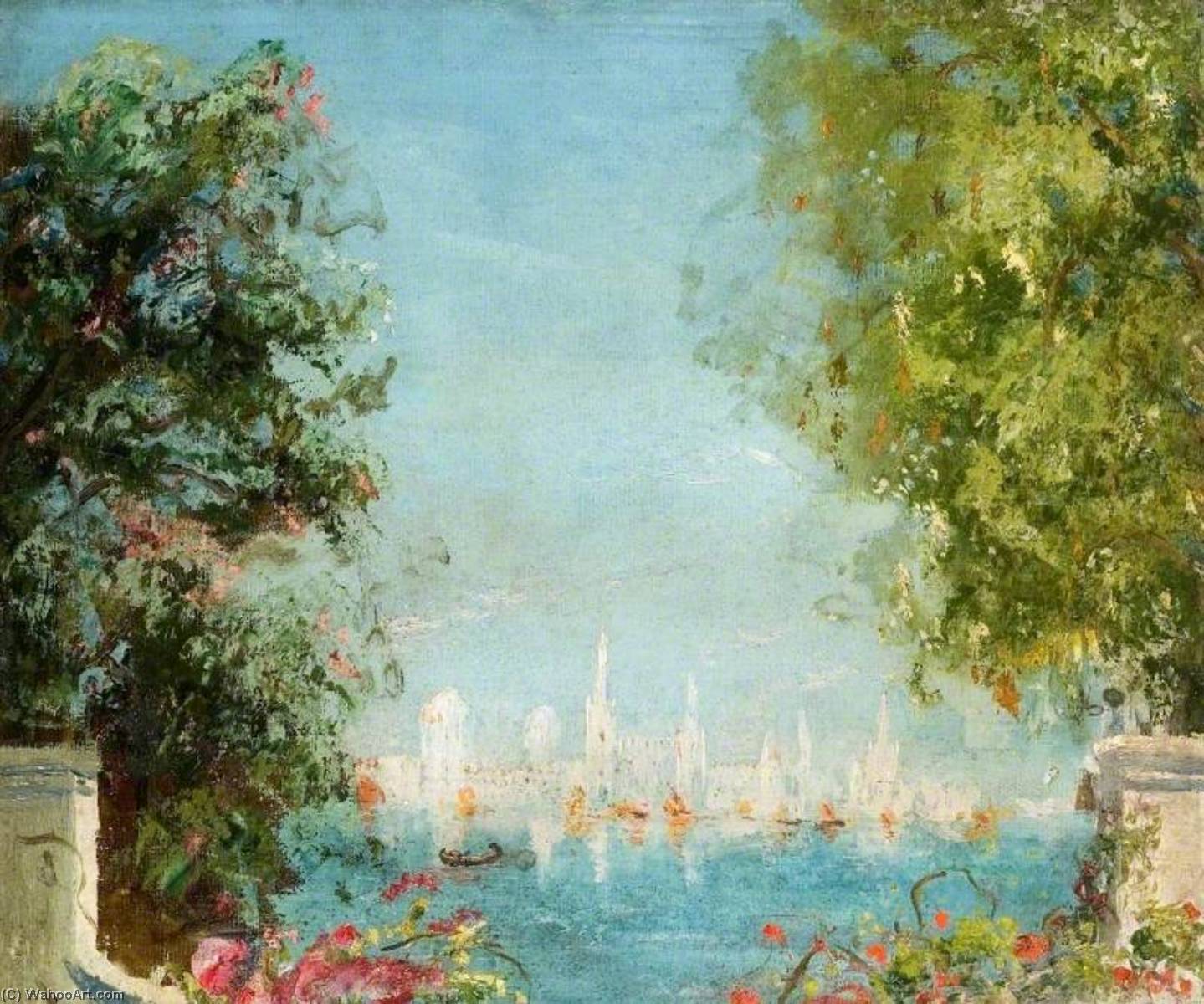 Wikioo.org – L'Encyclopédie des Beaux Arts - Peinture, Oeuvre de Thomas Edwin Mostyn - voir à travers une  lagon  vers  une  ville
