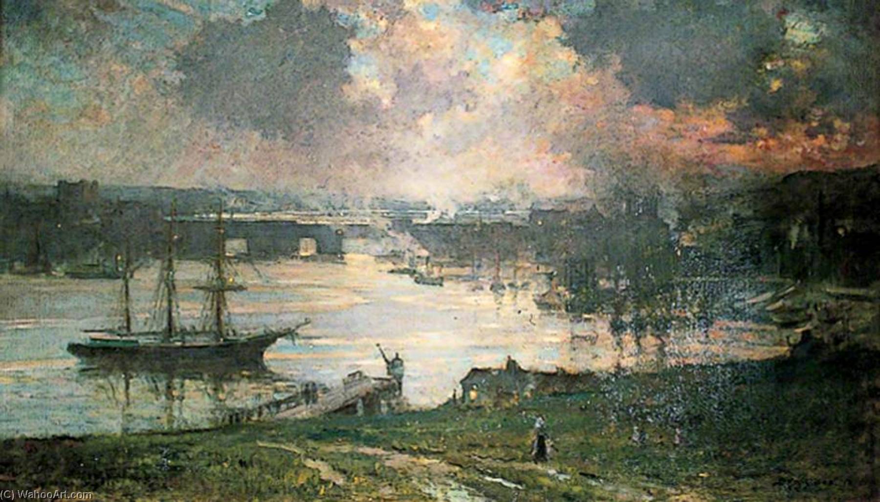 Wikioo.org - The Encyclopedia of Fine Arts - Painting, Artwork by Bertram Priestman - Sunset and Smoke over Rochester, Kent