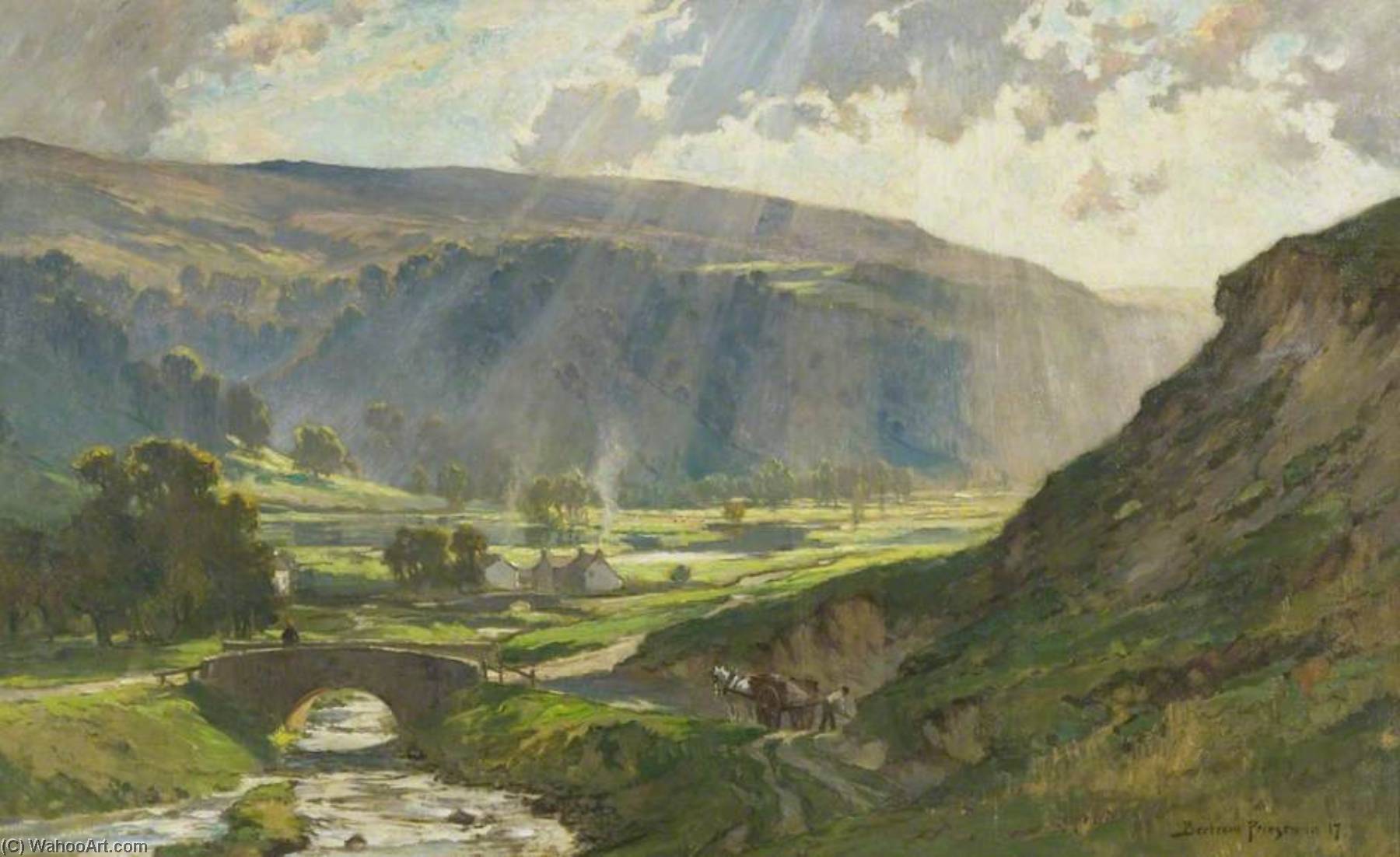 Wikioo.org - The Encyclopedia of Fine Arts - Painting, Artwork by Bertram Priestman - The Sun Veiled Hills of Wharfedale