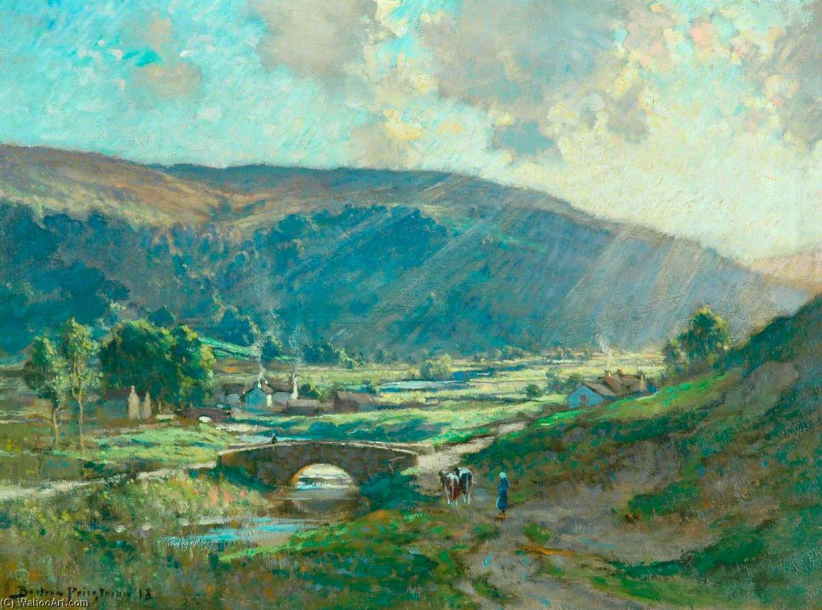 Wikioo.org - The Encyclopedia of Fine Arts - Painting, Artwork by Bertram Priestman - Sunlit Valley with Hamlet, Bridge and Cattle