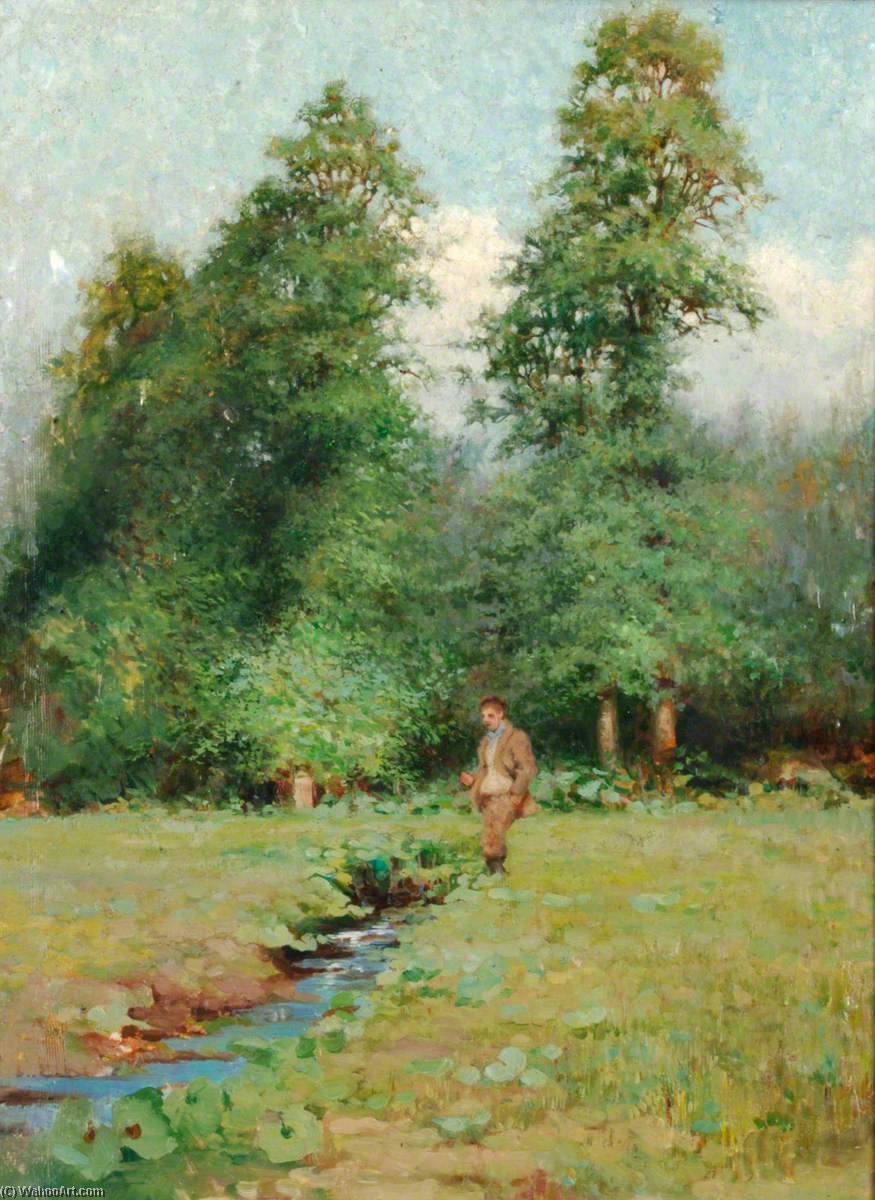 Wikioo.org - The Encyclopedia of Fine Arts - Painting, Artwork by Benjamin Haughton - Man in a Field by a Stream