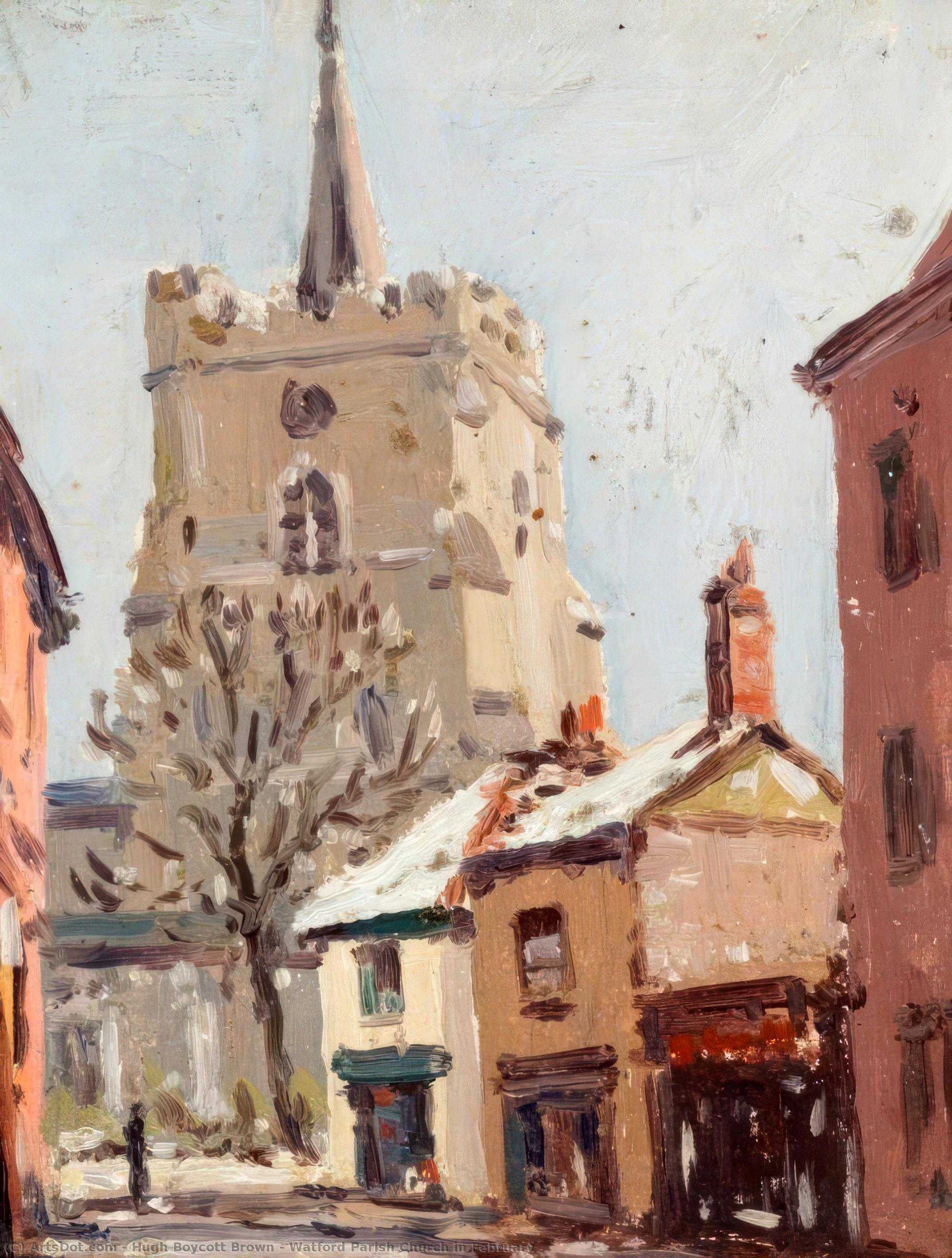 Wikioo.org - The Encyclopedia of Fine Arts - Painting, Artwork by Hugh Boycott Brown - Watford Parish Church in February