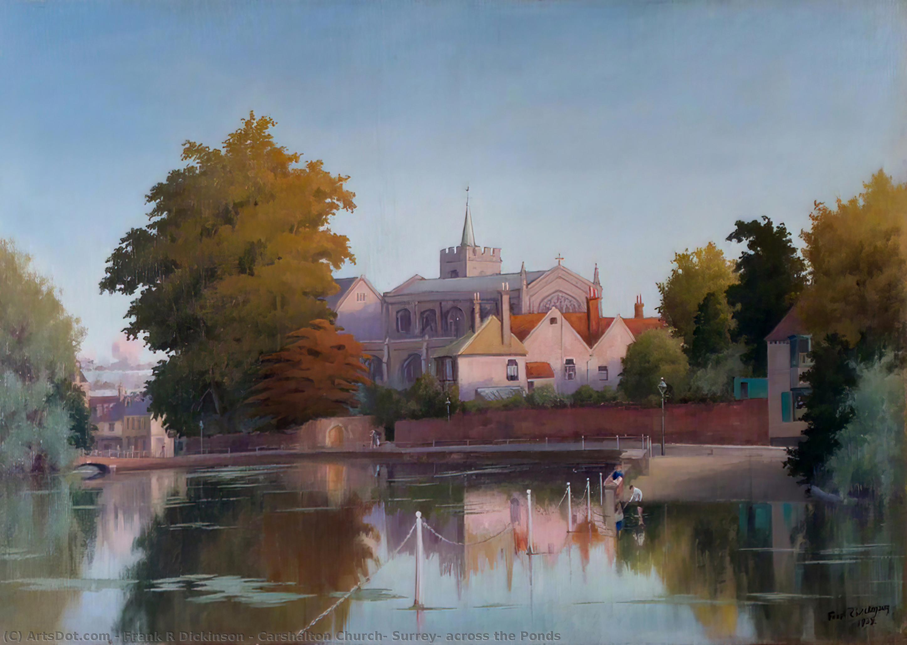 Wikioo.org - The Encyclopedia of Fine Arts - Painting, Artwork by Frank R Dickinson - Carshalton Church, Surrey, across the Ponds