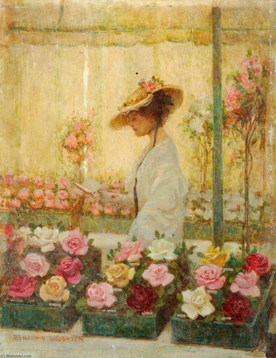 Wikioo.org - The Encyclopedia of Fine Arts - Painting, Artwork by Benjamin Haughton - Woman in a Conservatory with Roses