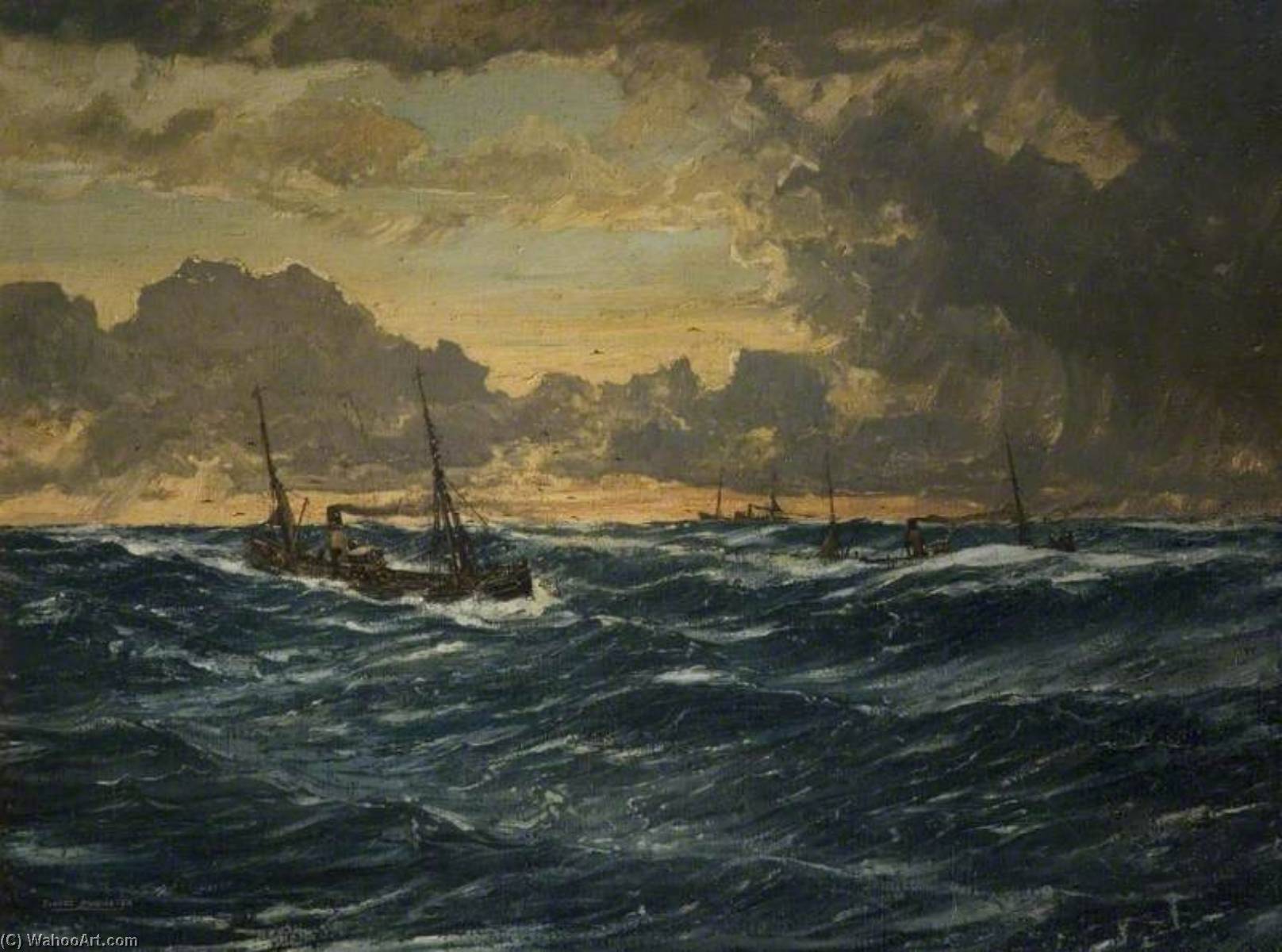 Wikioo.org - The Encyclopedia of Fine Arts - Painting, Artwork by Claude Muncaster - Getting the Fish in Winter Weather, North Atlantic
