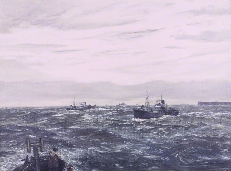 Wikioo.org - The Encyclopedia of Fine Arts - Painting, Artwork by Claude Muncaster - Gale Brewing in the Pentland Firth (armed trawlers patrolling HMS 'King George V' and accompanying destroyers cruising)