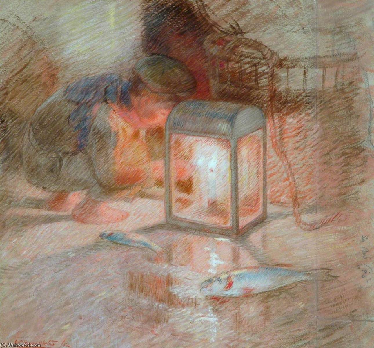 Wikioo.org - The Encyclopedia of Fine Arts - Painting, Artwork by William Shackleton - Study of a Boy with Lantern for 'The Mackerel Nets'