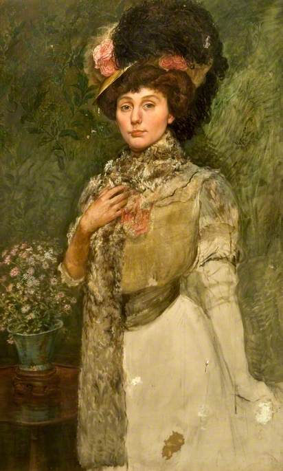 Wikioo.org - The Encyclopedia of Fine Arts - Painting, Artwork by Bernard Finnigan Gribble - Portrait of a Woman in a Feather Hat (possibly Mrs Bernard Gribble)