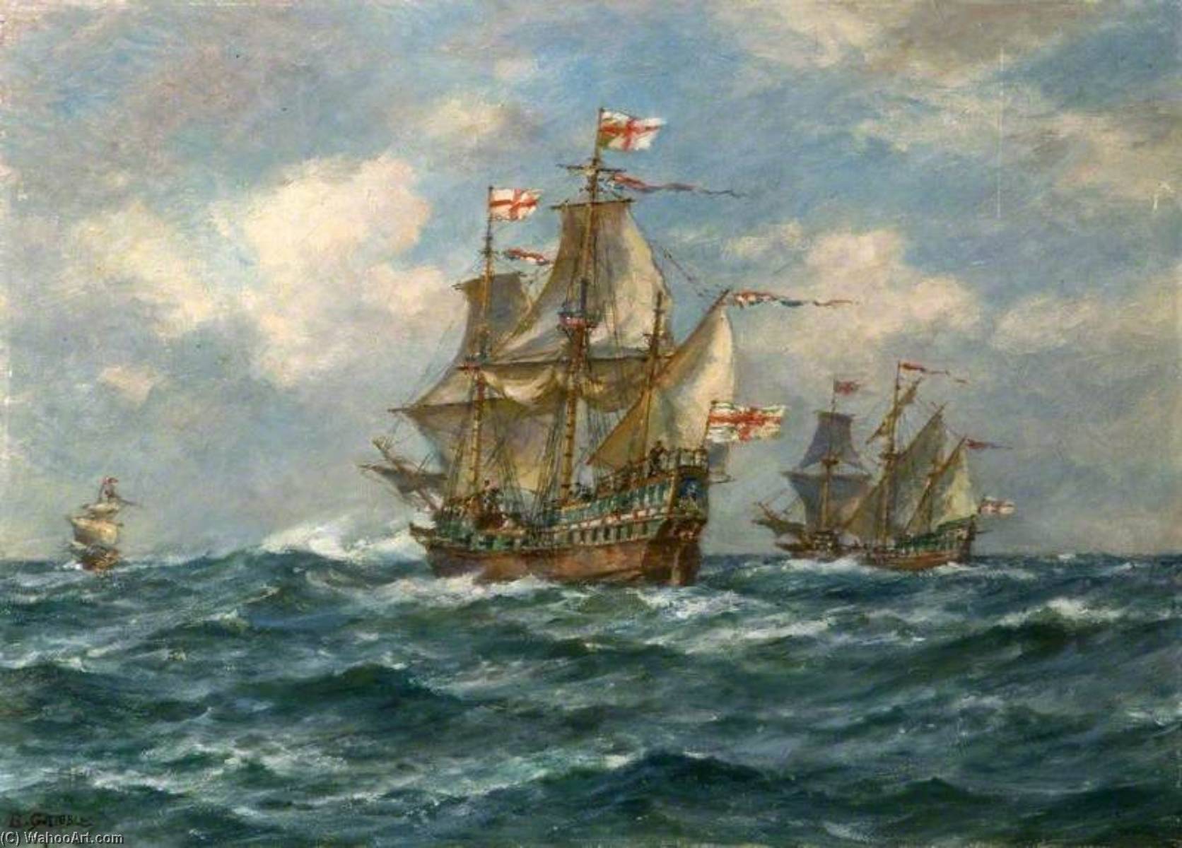 Wikioo.org - The Encyclopedia of Fine Arts - Painting, Artwork by Bernard Finnigan Gribble - The 'Golden Hind' Sails Another Great Enterprise, 13 December 1577