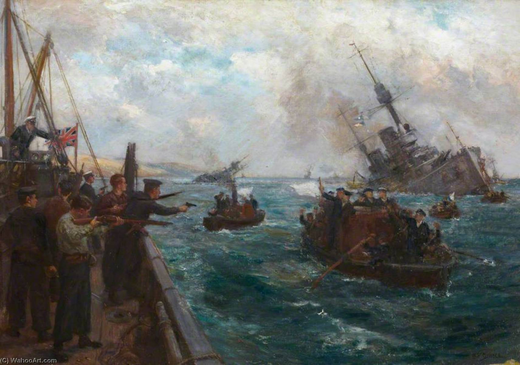 Wikioo.org - The Encyclopedia of Fine Arts - Painting, Artwork by Bernard Finnigan Gribble - Sinking of the German Fleet – Scapa Flow on Saturday 21 June 1919