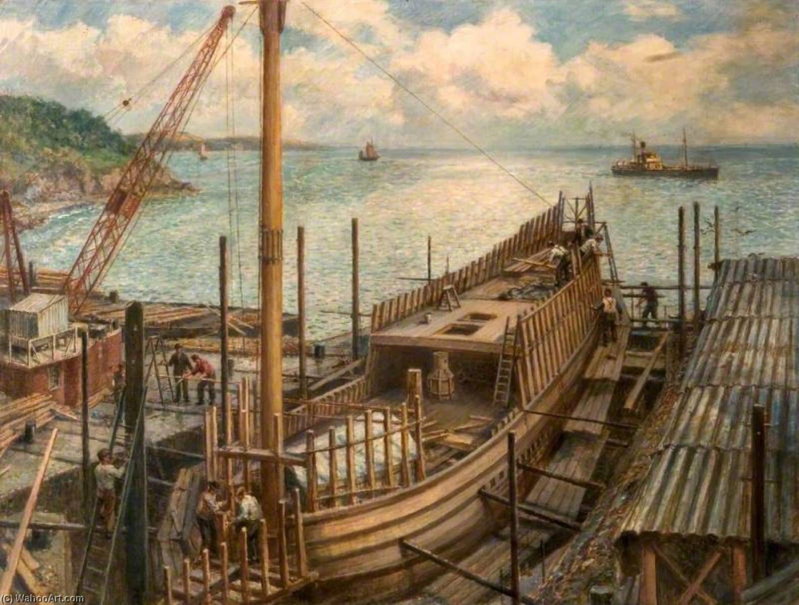 Wikioo.org - The Encyclopedia of Fine Arts - Painting, Artwork by Bernard Finnigan Gribble - The Building of 'Mayflower II', Brixham, Devon