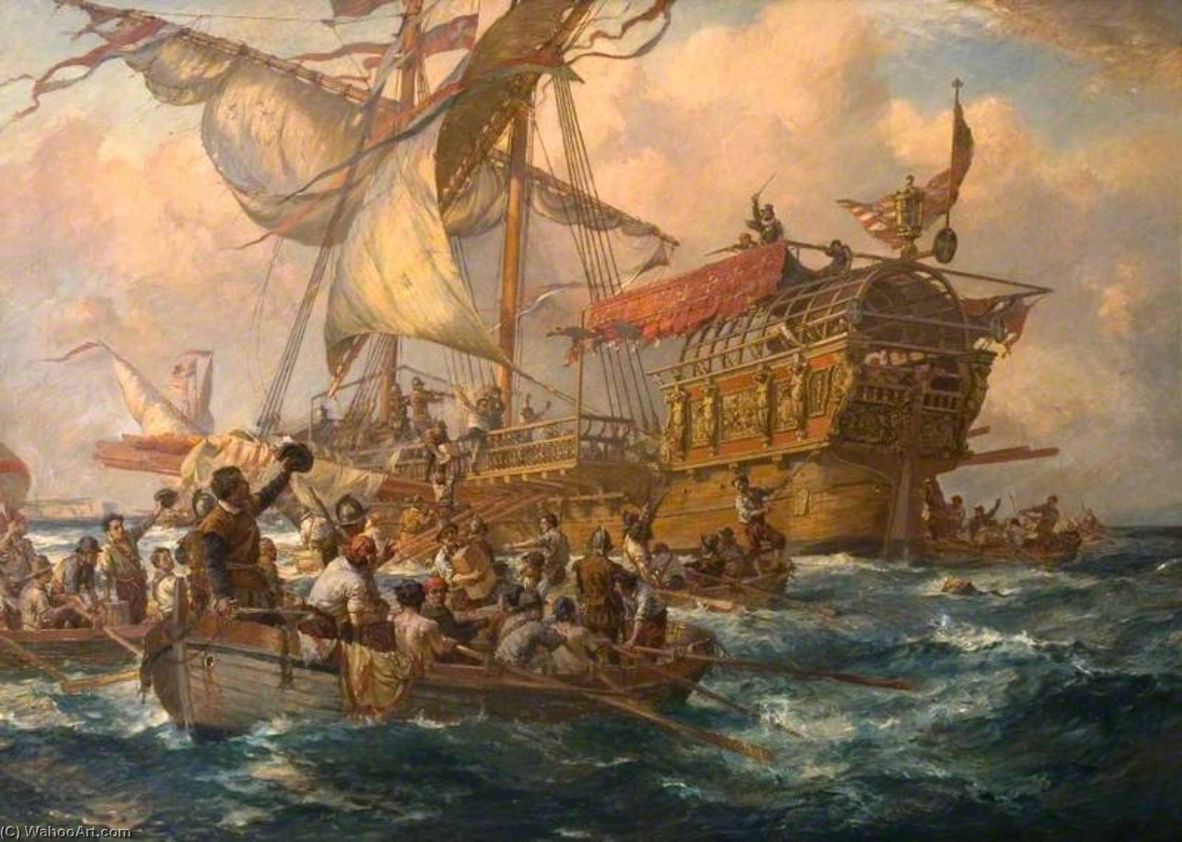 Wikioo.org - The Encyclopedia of Fine Arts - Painting, Artwork by Bernard Finnigan Gribble - Attack on a Spanish Treasure Ship, 1620