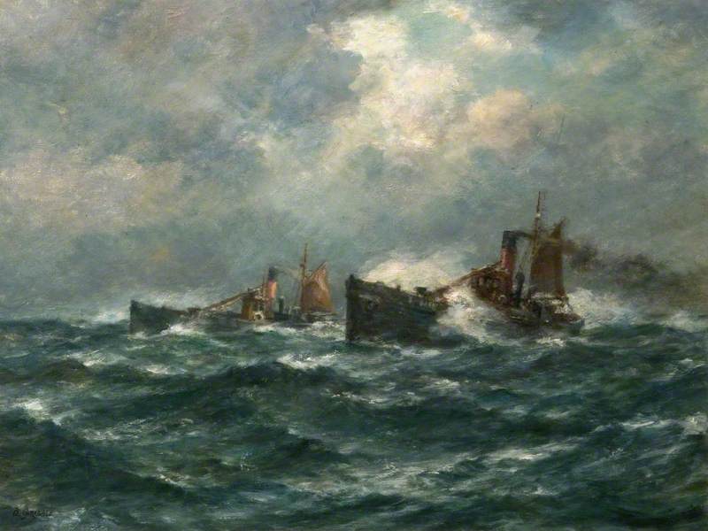 Wikioo.org - The Encyclopedia of Fine Arts - Painting, Artwork by Bernard Finnigan Gribble - Trawlers Running Home in a Gale
