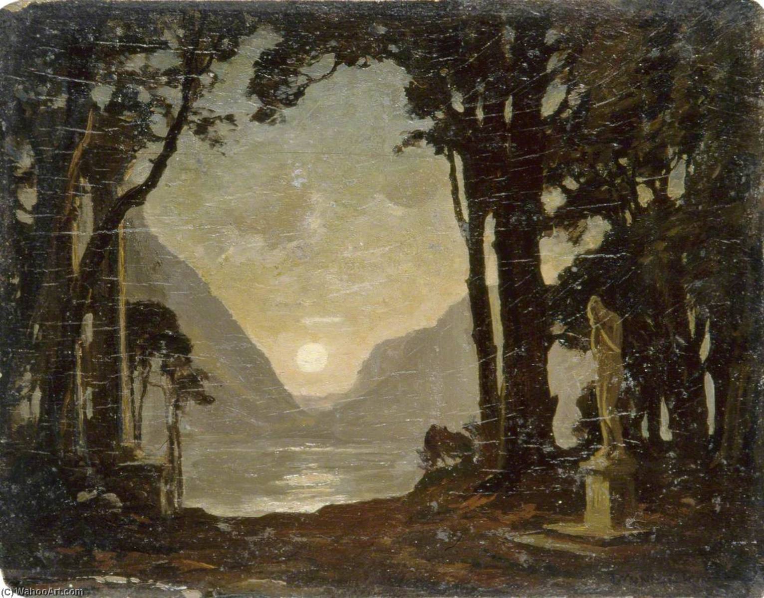 Wikioo.org - The Encyclopedia of Fine Arts - Painting, Artwork by Gunning King - Moonlight on a Lake with Statues