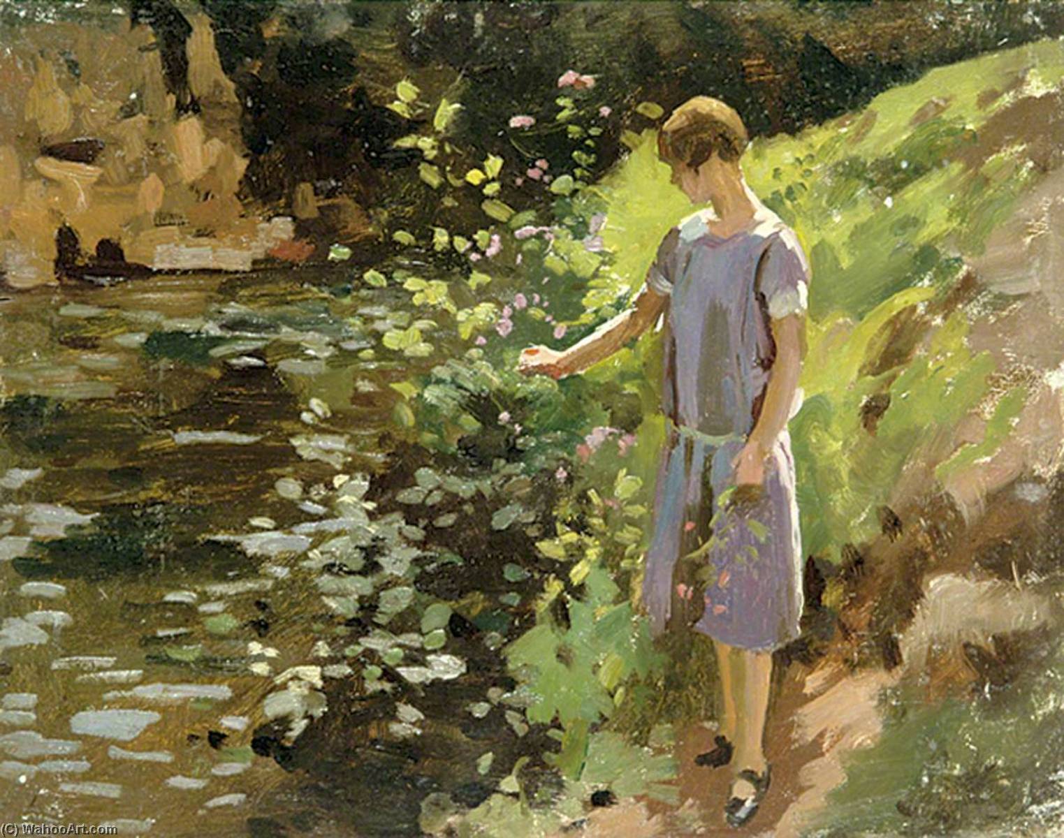 Wikioo.org - The Encyclopedia of Fine Arts - Painting, Artwork by Gunning King - Woman in a Purple Dress Picking Flowers on a Riverbank