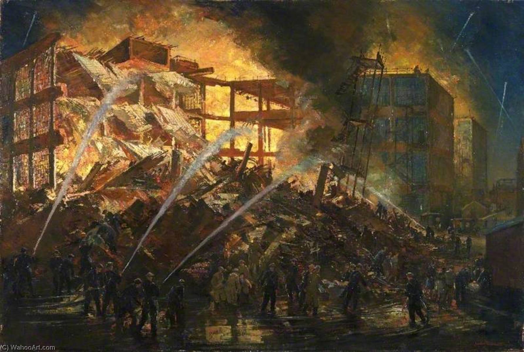 Wikioo.org - The Encyclopedia of Fine Arts - Painting, Artwork by Charles Ernest Cundall - The Destruction of a Birmingham Small Arms Factory Building
