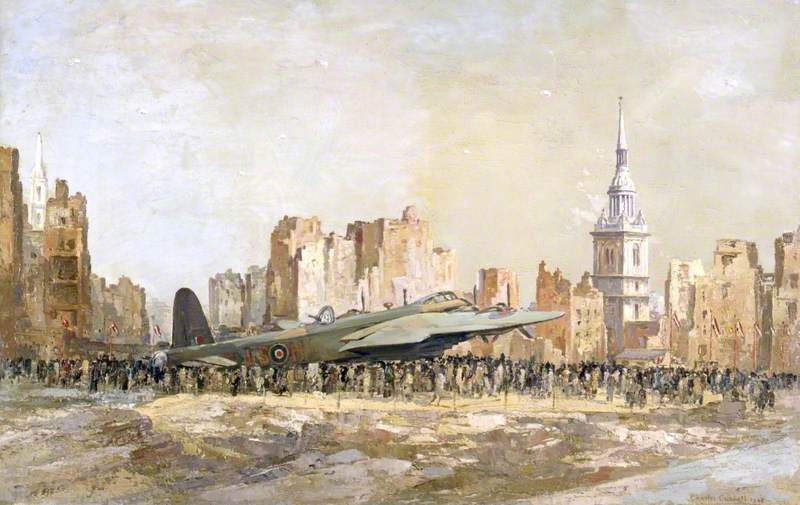 Wikioo.org - The Encyclopedia of Fine Arts - Painting, Artwork by Charles Ernest Cundall - Stirling Bomber, Bow Church, London