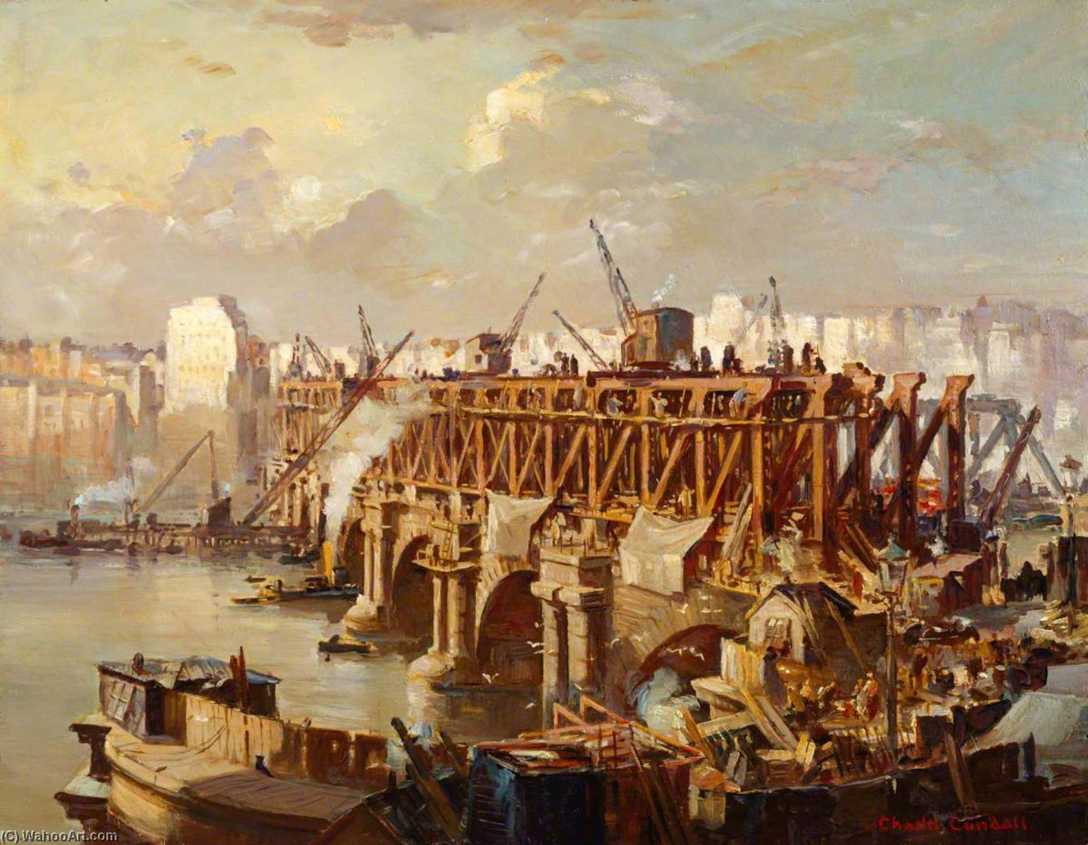 Wikioo.org - The Encyclopedia of Fine Arts - Painting, Artwork by Charles Ernest Cundall - Demolition of Waterloo Bridge, 1935