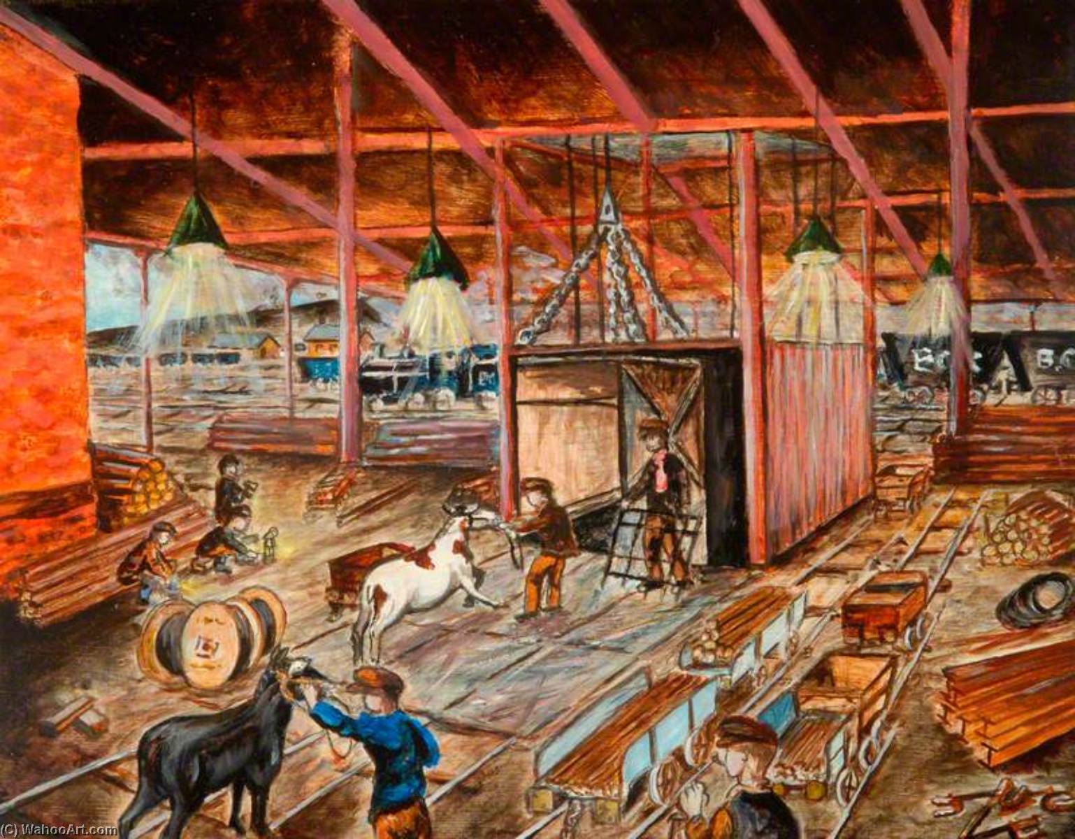 Wikioo.org - The Encyclopedia of Fine Arts - Painting, Artwork by James Mackenzie - Loading Ponies into Cage