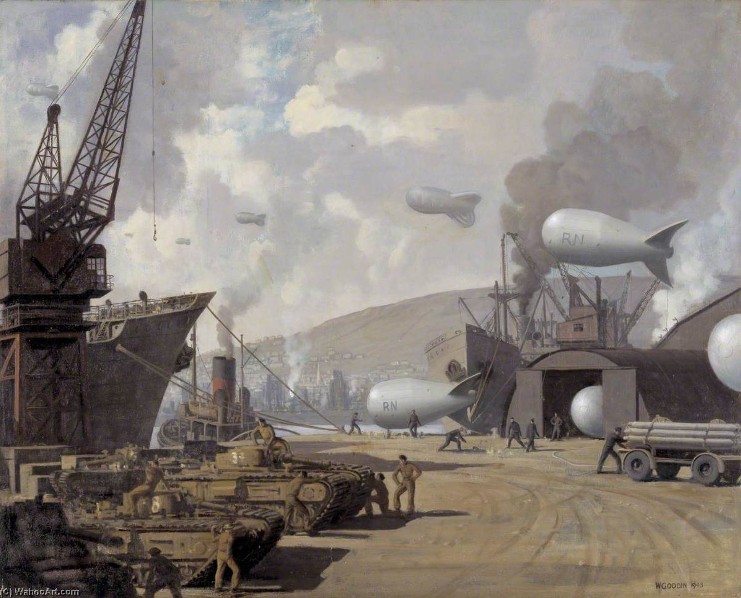 Wikioo.org - The Encyclopedia of Fine Arts - Painting, Artwork by Walter Goodin - Swansea Docks in Wartime