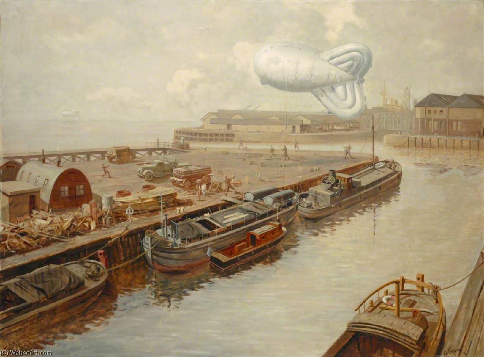 Wikioo.org - The Encyclopedia of Fine Arts - Painting, Artwork by Walter Goodin - A Barrage Balloon over a Dock at Hull