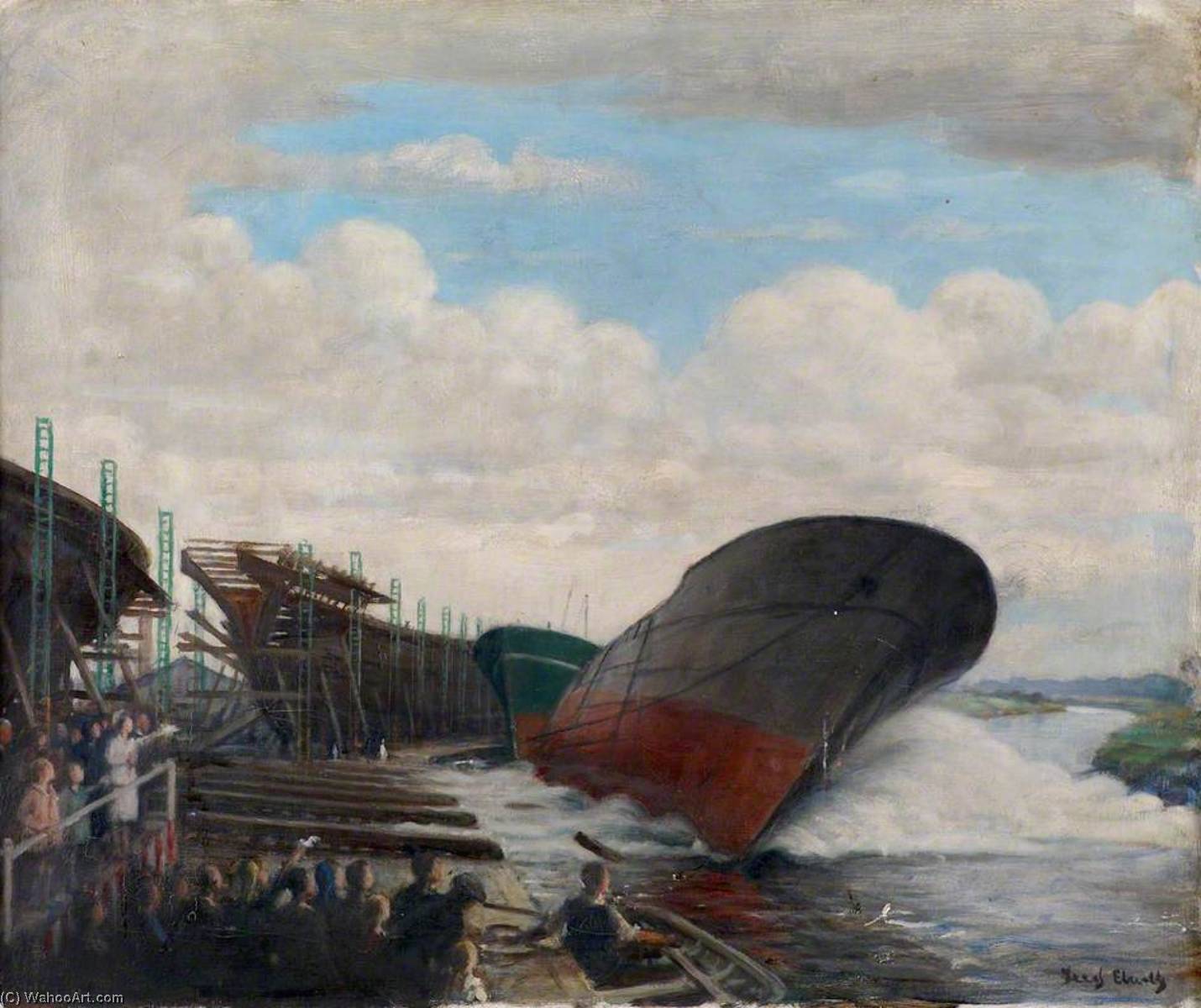 Wikioo.org - The Encyclopedia of Fine Arts - Painting, Artwork by Frederick William Elwell - Beverley Shipyard, East Riding of Yorkshire (Launching Trawler)