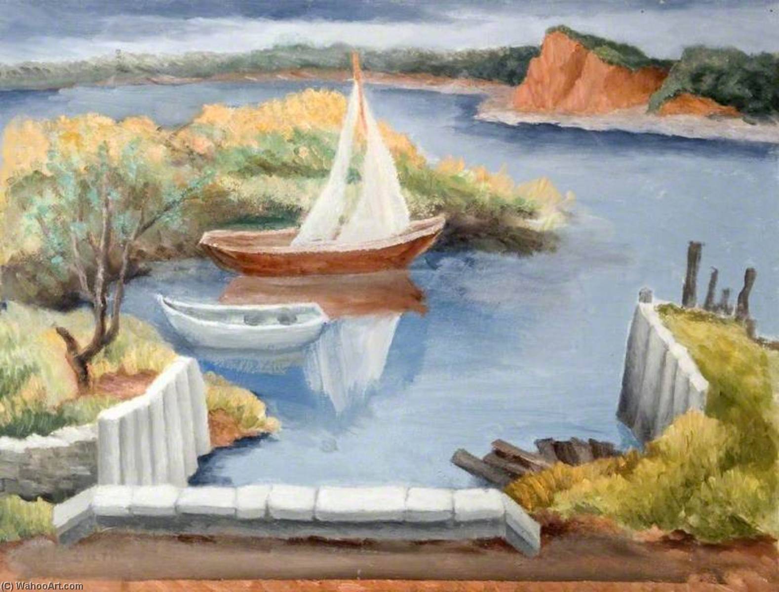 WikiOO.org - Енциклопедия за изящни изкуства - Живопис, Произведения на изкуството Elsie Barling - Coastal Scene with Sailing Boats