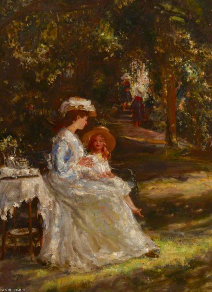 Wikioo.org - The Encyclopedia of Fine Arts - Painting, Artwork by Ethel Walker - Tea in the Garden (The Tea Table) (Mrs M. M. Foot with her children in the garden of Church House, Pulborough, West Sussex)