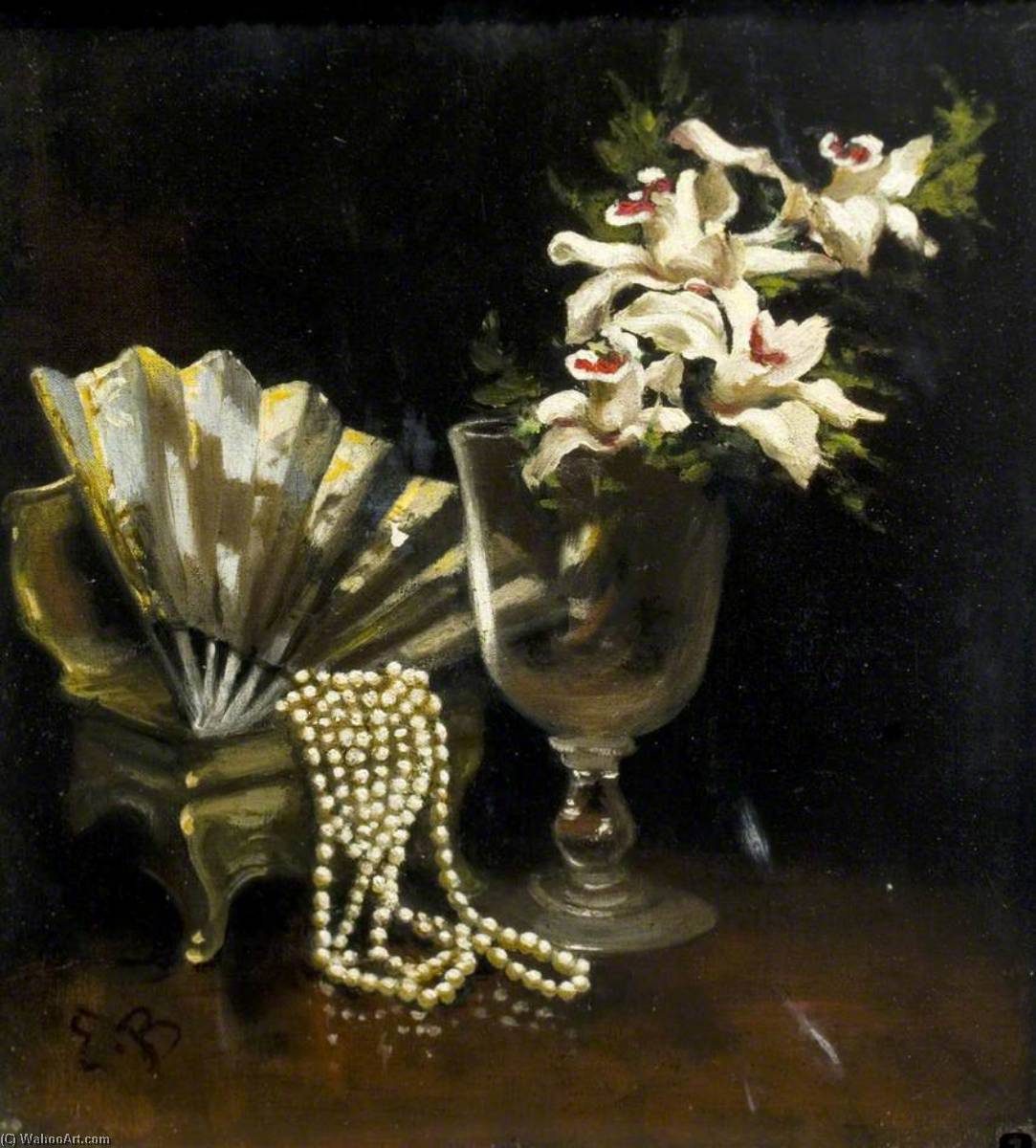 Wikioo.org - The Encyclopedia of Fine Arts - Painting, Artwork by Ethel Susan Graham Bristowe - Orchids, Fan and Pearls