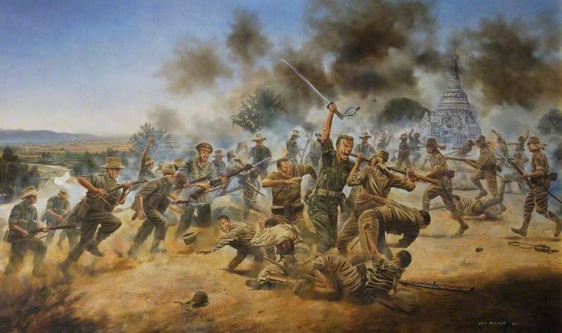 Wikioo.org - The Encyclopedia of Fine Arts - Painting, Artwork by David John Rowlands - Lieutenant George Cairns Winning the Victoria Cross at the Battle of Pagoda Hill, Burma, 13 March 1944