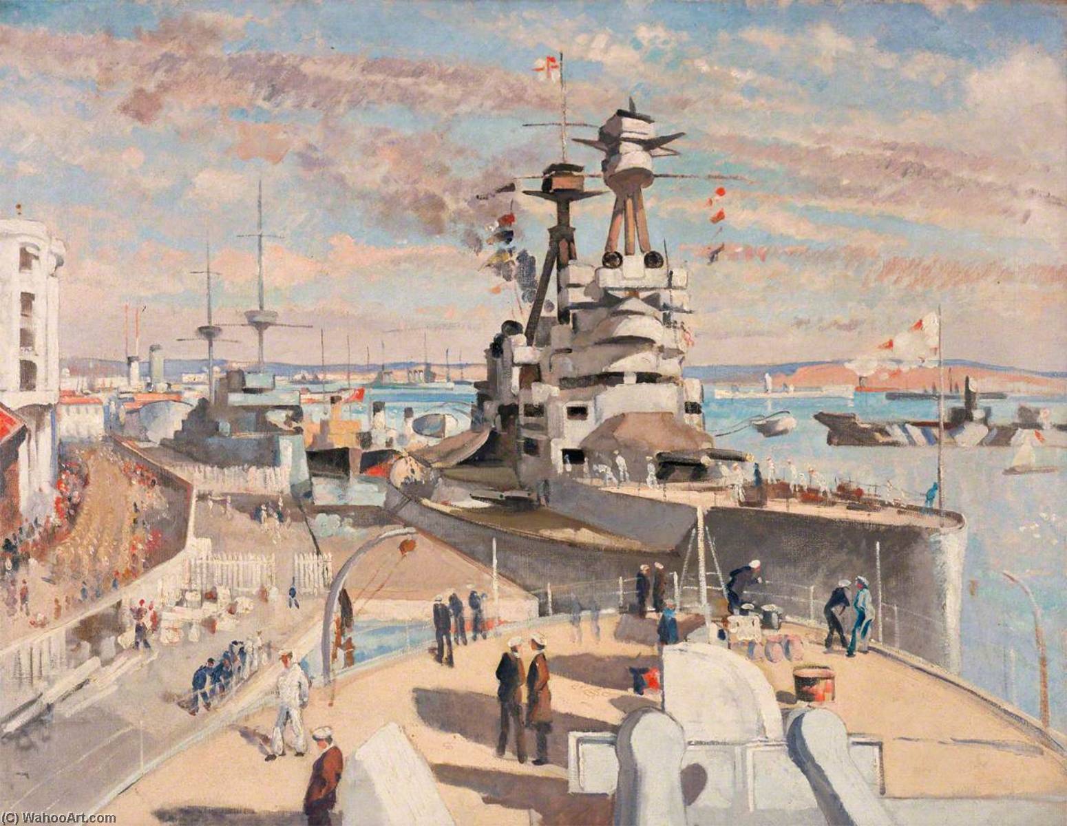Wikioo.org - The Encyclopedia of Fine Arts - Painting, Artwork by Philip Connard - From HMS 'Caesar' HMS 'Superb' at Constantinople, HMS 'Lord Nelson' and the French 'Diderot' in the Distance with Seaforth Highlanders Marching along the Quay