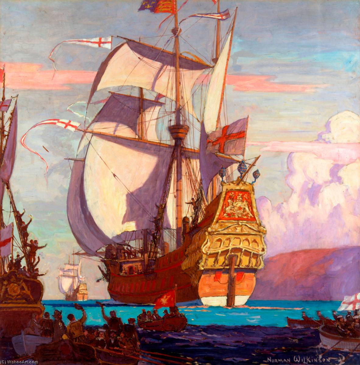 Wikioo.org - The Encyclopedia of Fine Arts - Painting, Artwork by Norman Wilkinson - The 'Revenge' Leaving Plymouth to Meet the Armada, from Sir Herbert Beerbohm Tree's Production of 'Drake' by Louis N. Parker