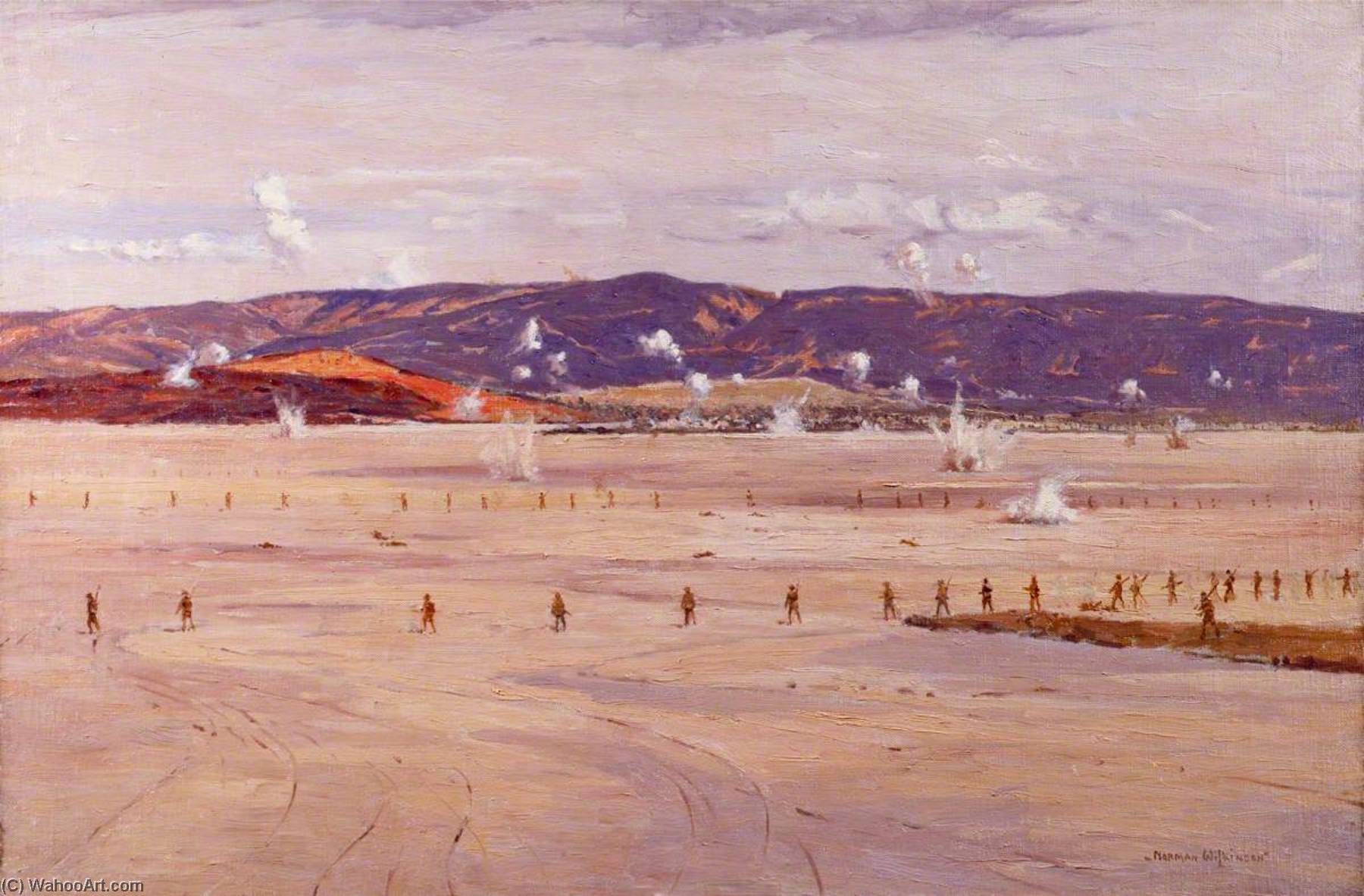 Wikioo.org - The Encyclopedia of Fine Arts - Painting, Artwork by Norman Wilkinson - The Salt Lake, Suvla Bay The Advance, 21 August 1915