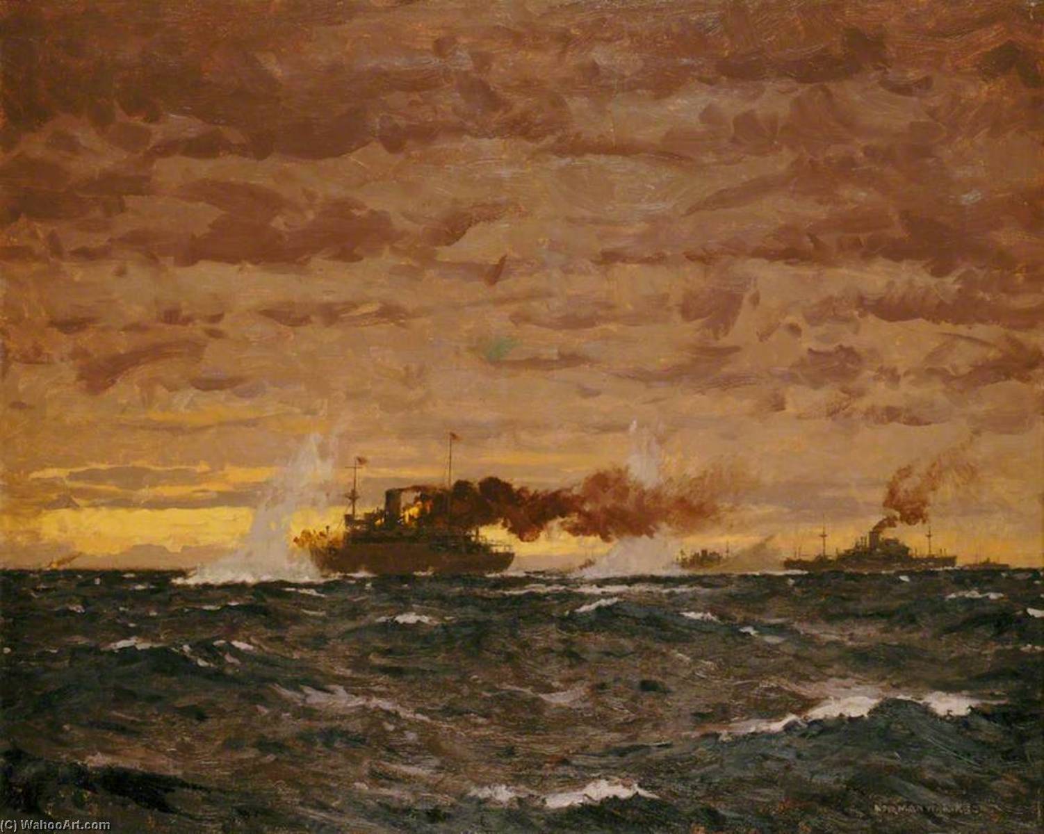 Wikioo.org - The Encyclopedia of Fine Arts - Painting, Artwork by Norman Wilkinson - The Jervis Bay Action, 5 November 1940