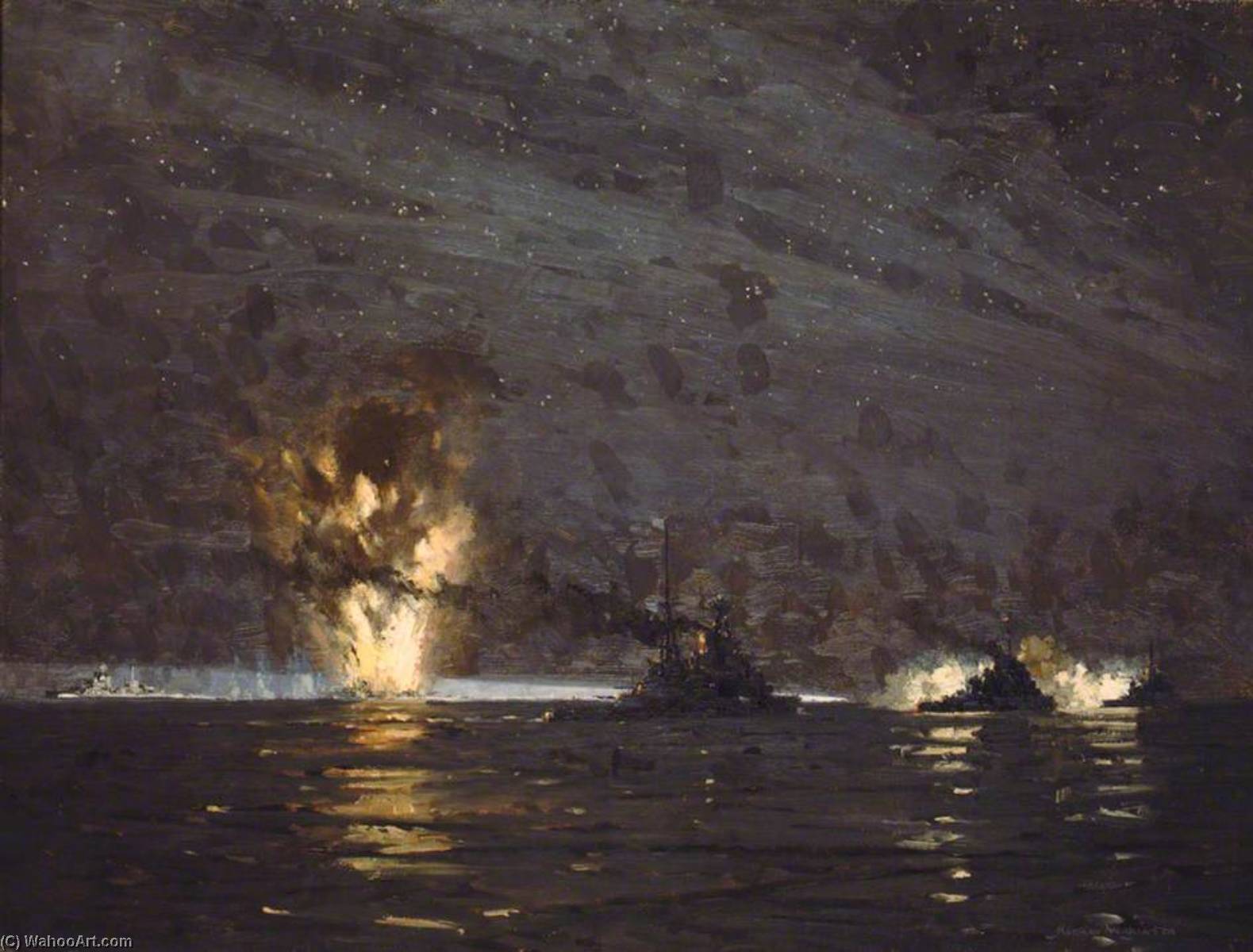 Wikioo.org - The Encyclopedia of Fine Arts - Painting, Artwork by Norman Wilkinson - Night Action off Cape Matapan, Greece, 28 March 1941