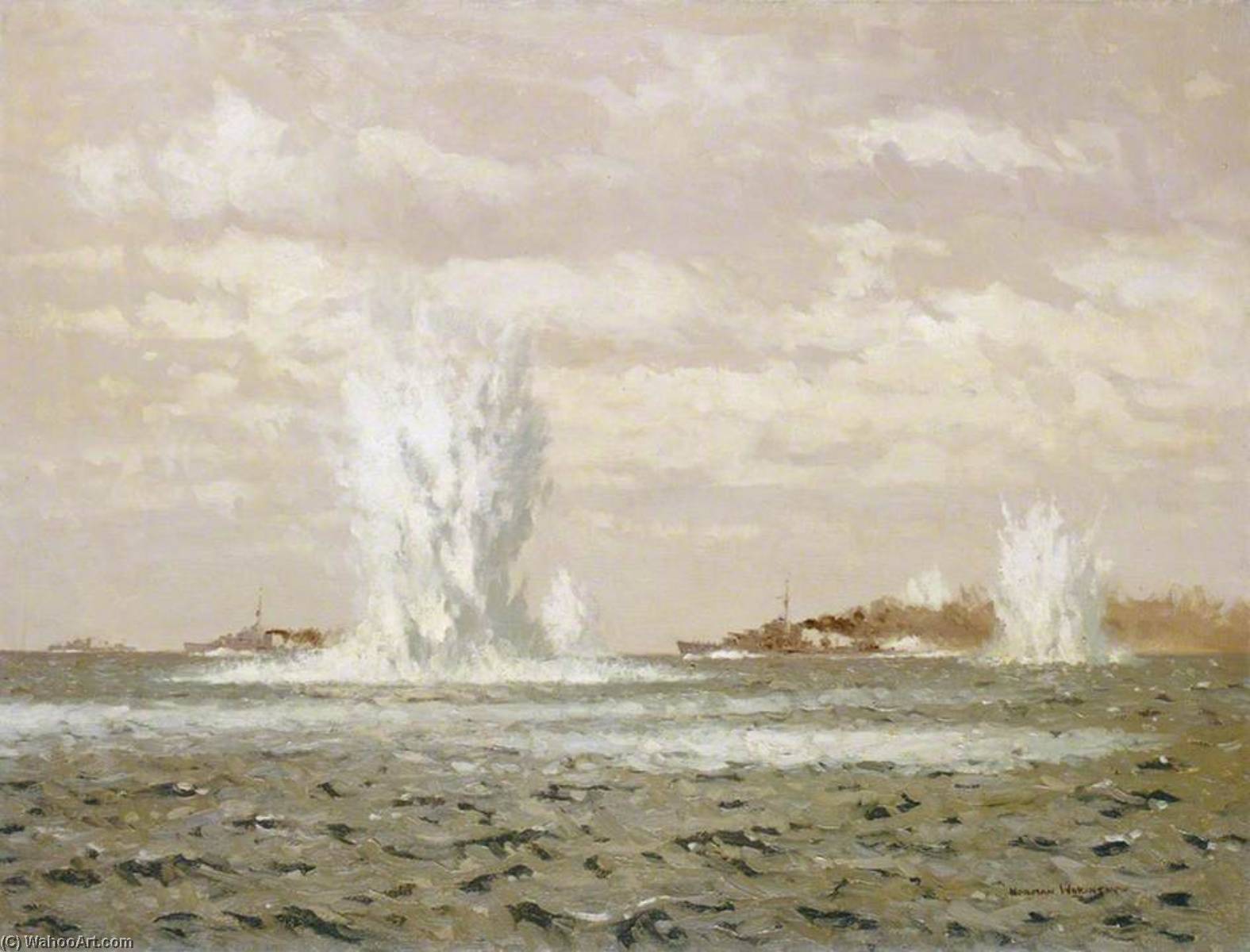Wikioo.org - The Encyclopedia of Fine Arts - Painting, Artwork by Norman Wilkinson - Destroyers Dropping Depth Charges