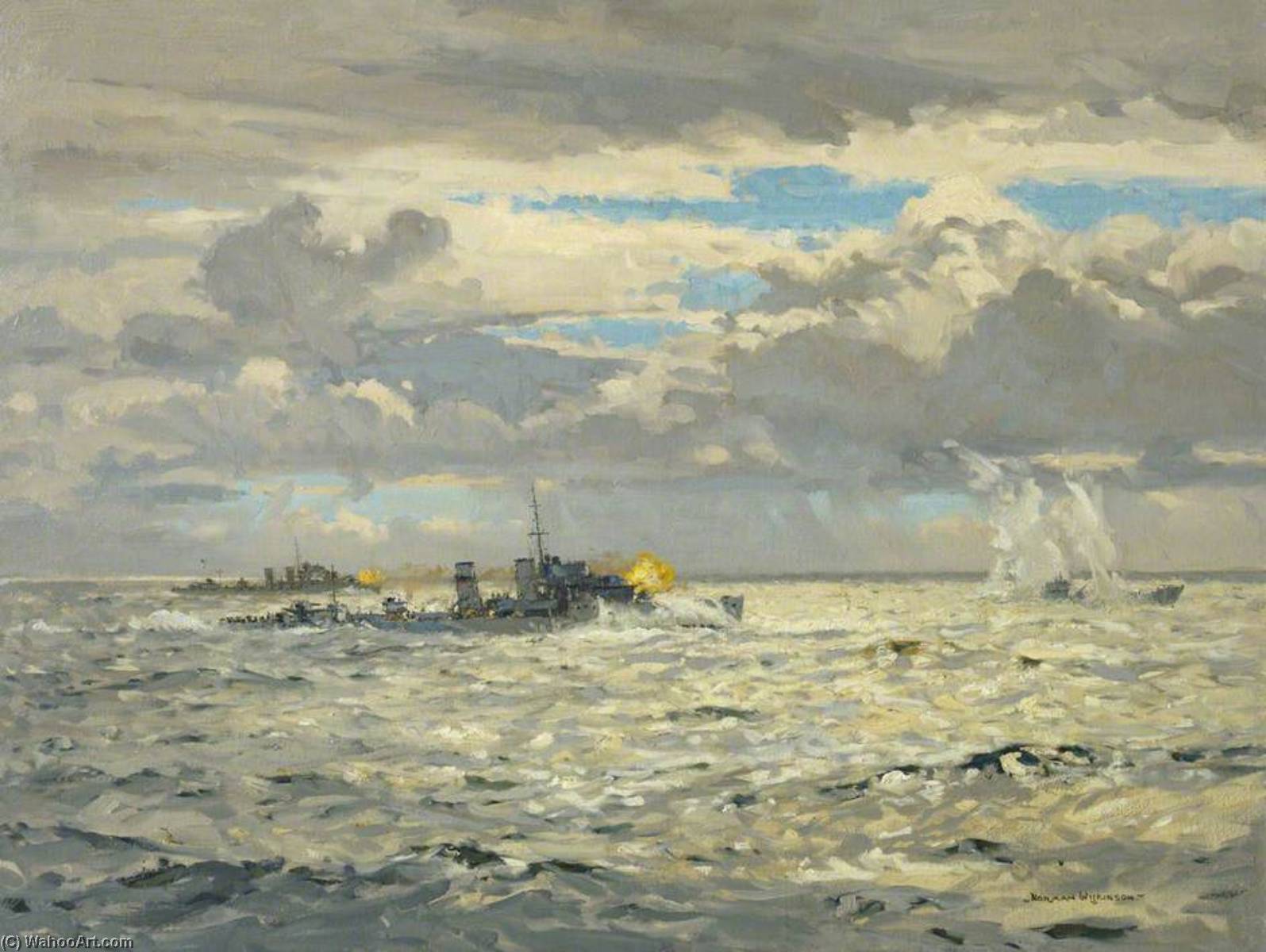 Wikioo.org - The Encyclopedia of Fine Arts - Painting, Artwork by Norman Wilkinson - A Destroyer Sinking a Submarine