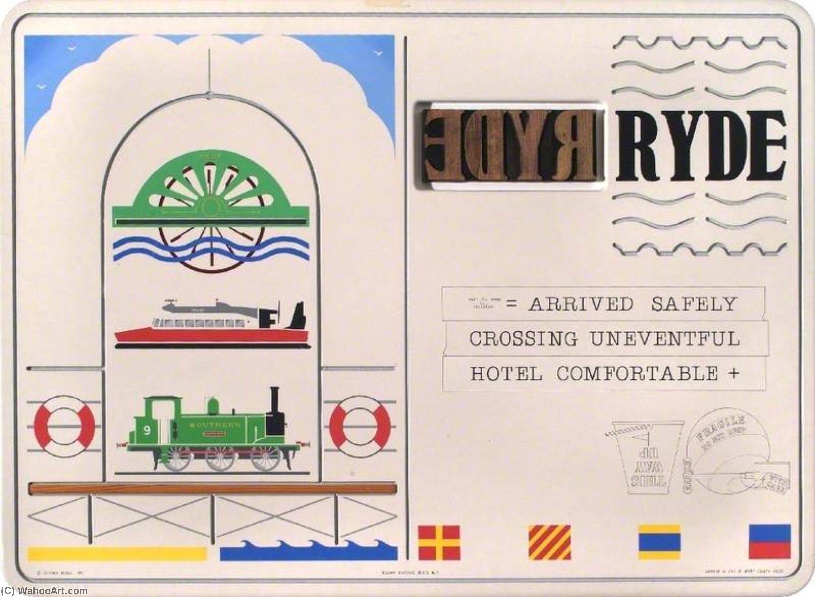 Wikioo.org - The Encyclopedia of Fine Arts - Painting, Artwork by Stephen Nicoll - Holiday Postcard Series 3 Ryde (telegrams and luggage)