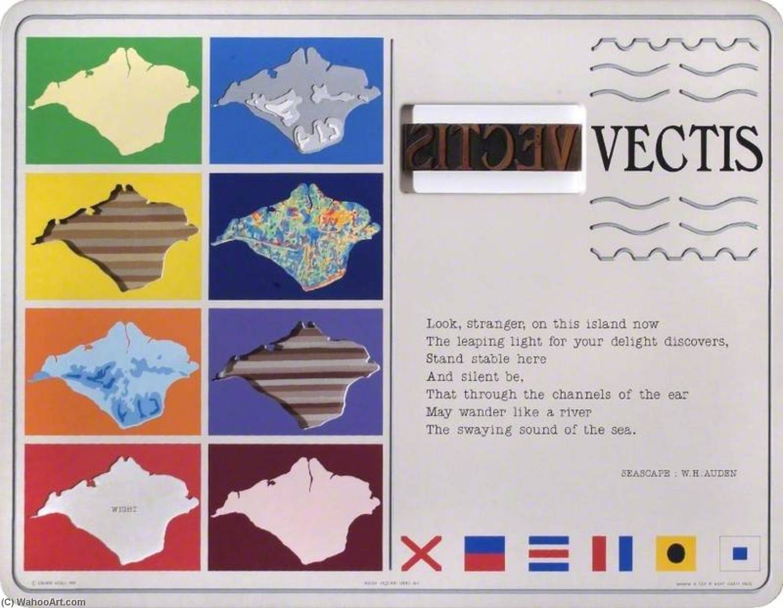 Wikioo.org - The Encyclopedia of Fine Arts - Painting, Artwork by Stephen Nicoll - Holiday Postcard Series 5 Vectis (poem and patterns)