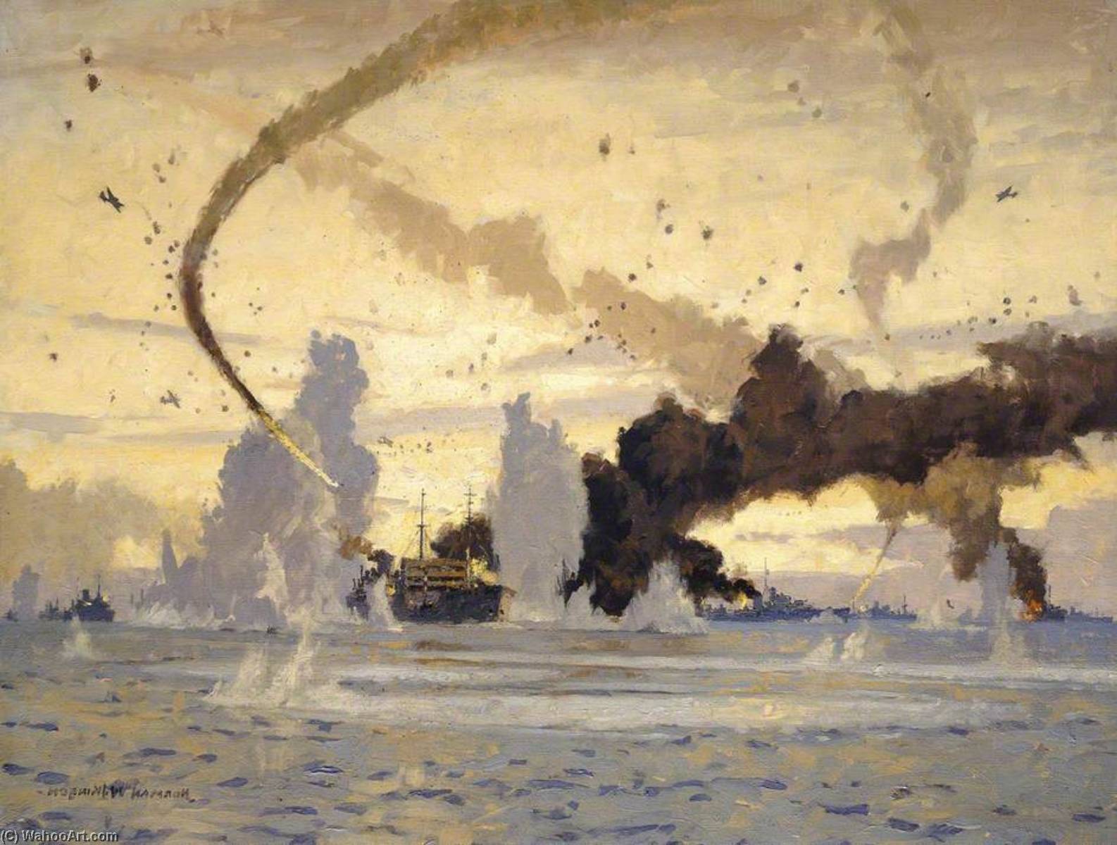 Wikioo.org - The Encyclopedia of Fine Arts - Painting, Artwork by Norman Wilkinson - The 'Ohio' in the Malta Convoy, 10–15 August 1942