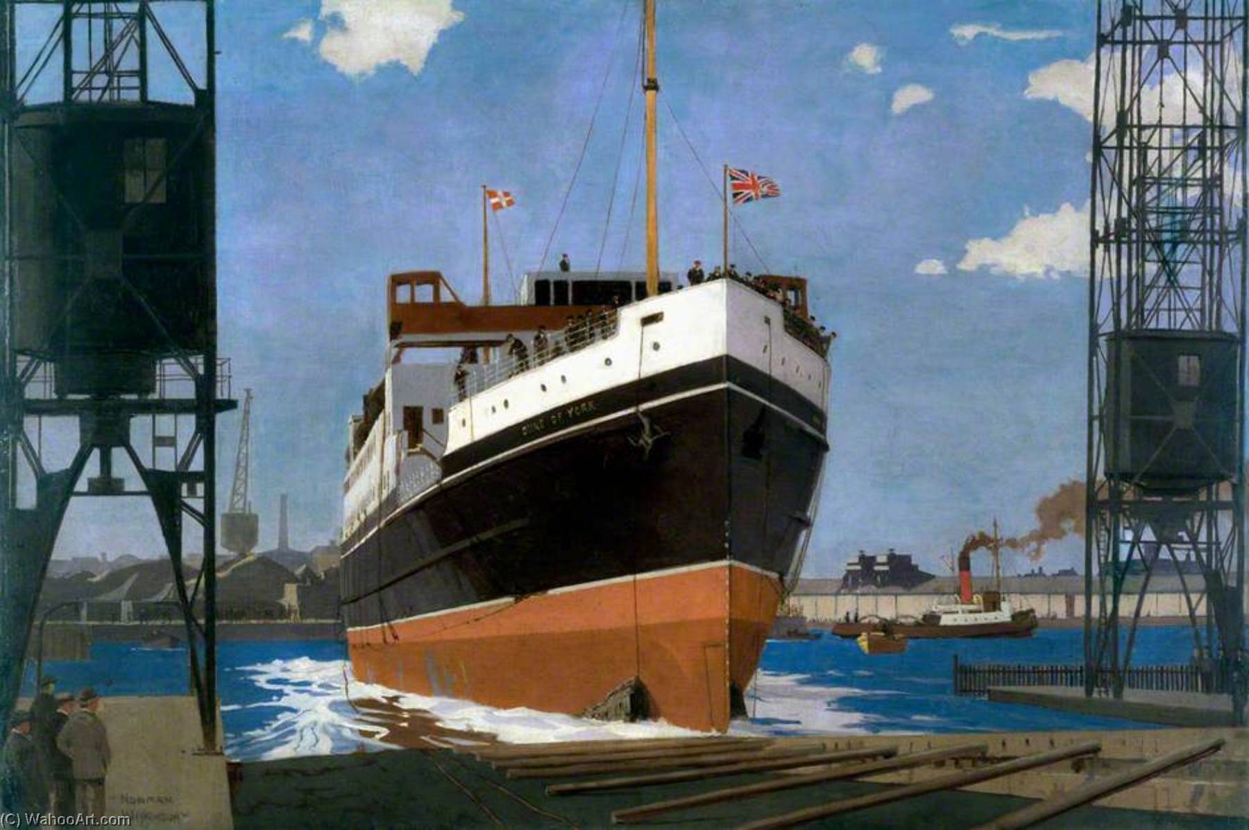 Wikioo.org - The Encyclopedia of Fine Arts - Painting, Artwork by Norman Wilkinson - Launch of 'TSS Duke of York', Queen's Island, Belfast (London, Midland and Scottish Railway poster artwork)