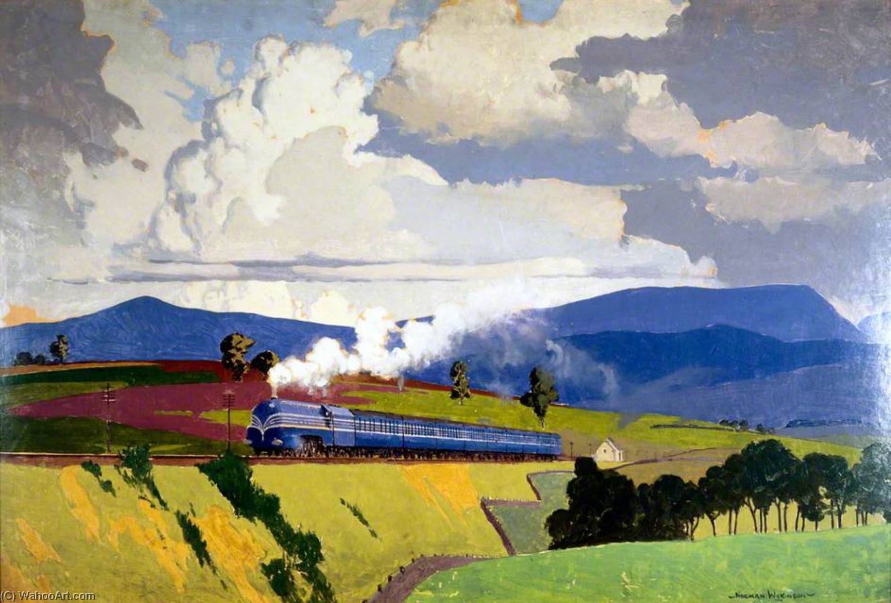 Wikioo.org - The Encyclopedia of Fine Arts - Painting, Artwork by Norman Wilkinson - The 'Coronation Scot' Ascending Shap Fell, Cumbria (London, Midland and Scottish Railway poster artwork)