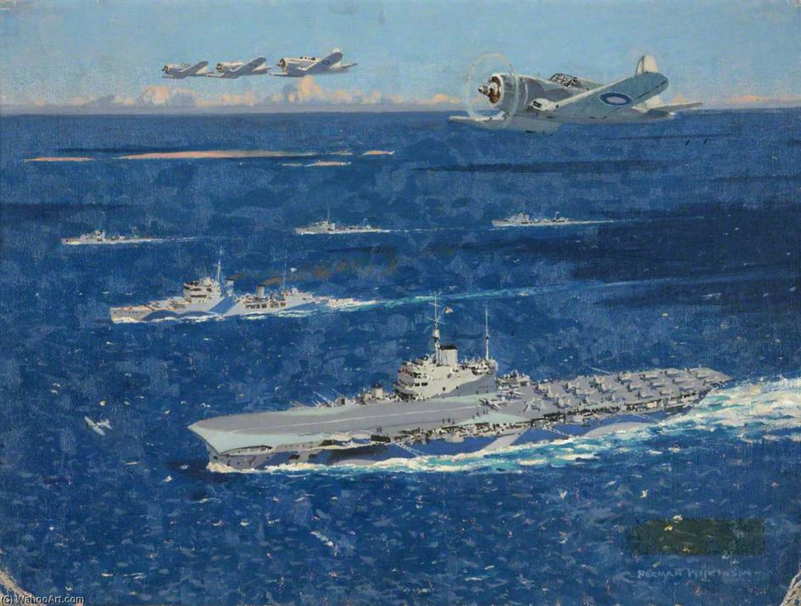 Wikioo.org - The Encyclopedia of Fine Arts - Painting, Artwork by Norman Wilkinson - War in Pictures An Aircraft Carrier, A Cruiser and Three Destroyers