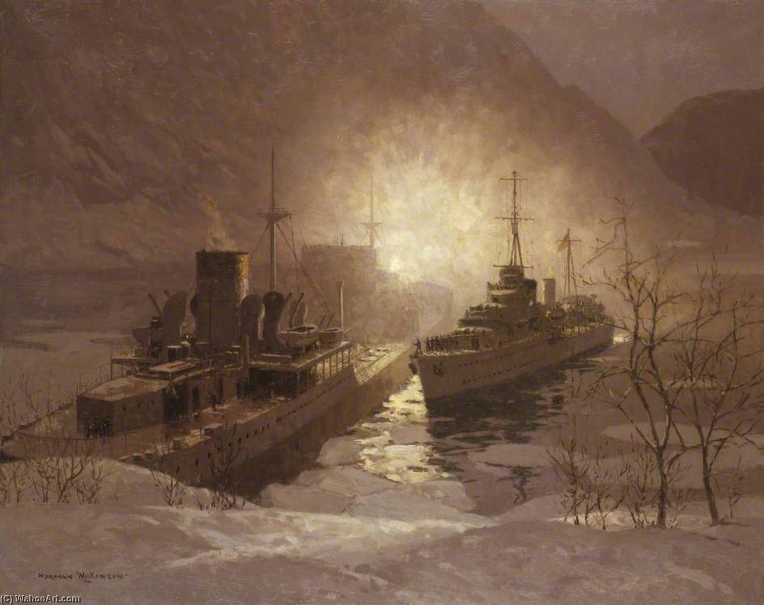 Wikioo.org - The Encyclopedia of Fine Arts - Painting, Artwork by Norman Wilkinson - HMS 'Cossack' and the Prison Ship 'Altmark', 16 February 1940