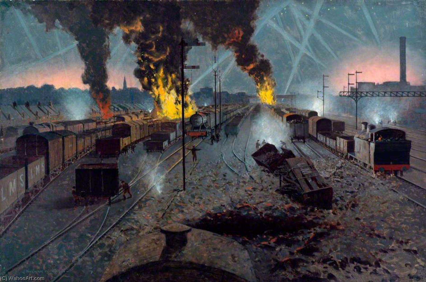Wikioo.org - The Encyclopedia of Fine Arts - Painting, Artwork by Norman Wilkinson - Blitz on an LMS Marshalling Yard near Willesden, September 1940 (The LMS at War Series)