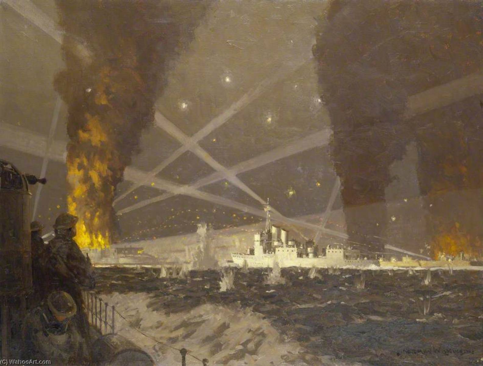 Wikioo.org - The Encyclopedia of Fine Arts - Painting, Artwork by Norman Wilkinson - HMS 'Campbeltown' at St Nazaire, 27 March 1942