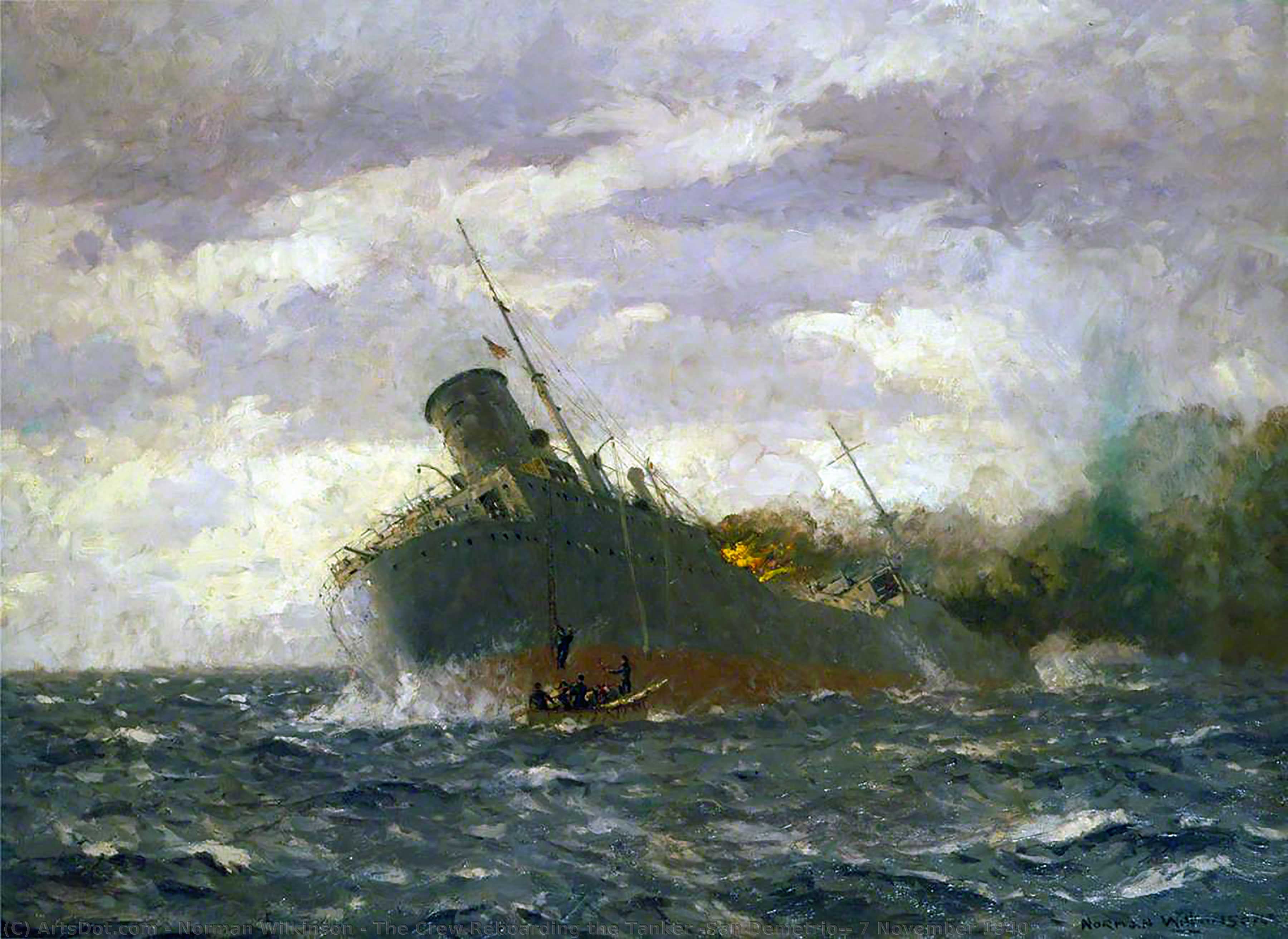 Wikioo.org - The Encyclopedia of Fine Arts - Painting, Artwork by Norman Wilkinson - The Crew Reboarding the Tanker 'San Demetrio', 7 November 1940