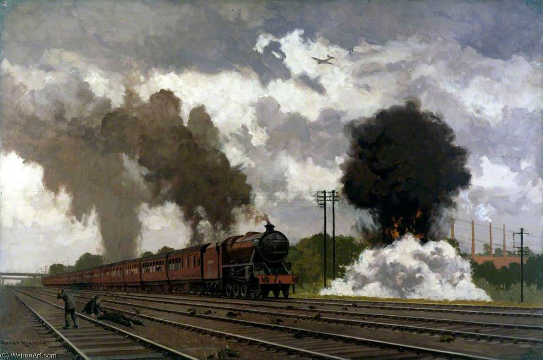 Wikioo.org - The Encyclopedia of Fine Arts - Painting, Artwork by Norman Wilkinson - London, Midland and Scottish Express Train Being Bombed near Bletchley, October 1940 (The LMS at War Series)