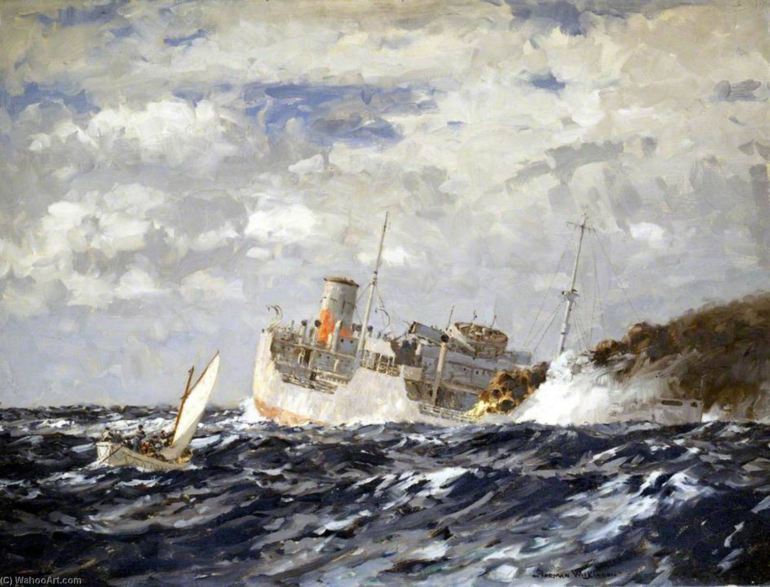 Wikioo.org - The Encyclopedia of Fine Arts - Painting, Artwork by Norman Wilkinson - The 'San Demetrio' at the Jervis Bay Action, 5 November 1940